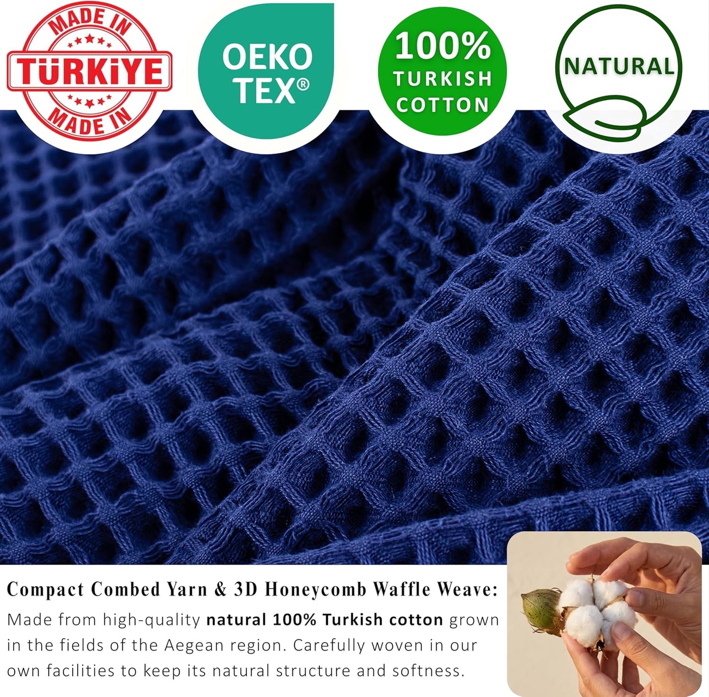 PÜSKÜL Natural 100% Turkish Cotton Waffle Bath Towels Set of 2, Extra-Large | Navy Blue, Oversize 32x63" Bath sheet