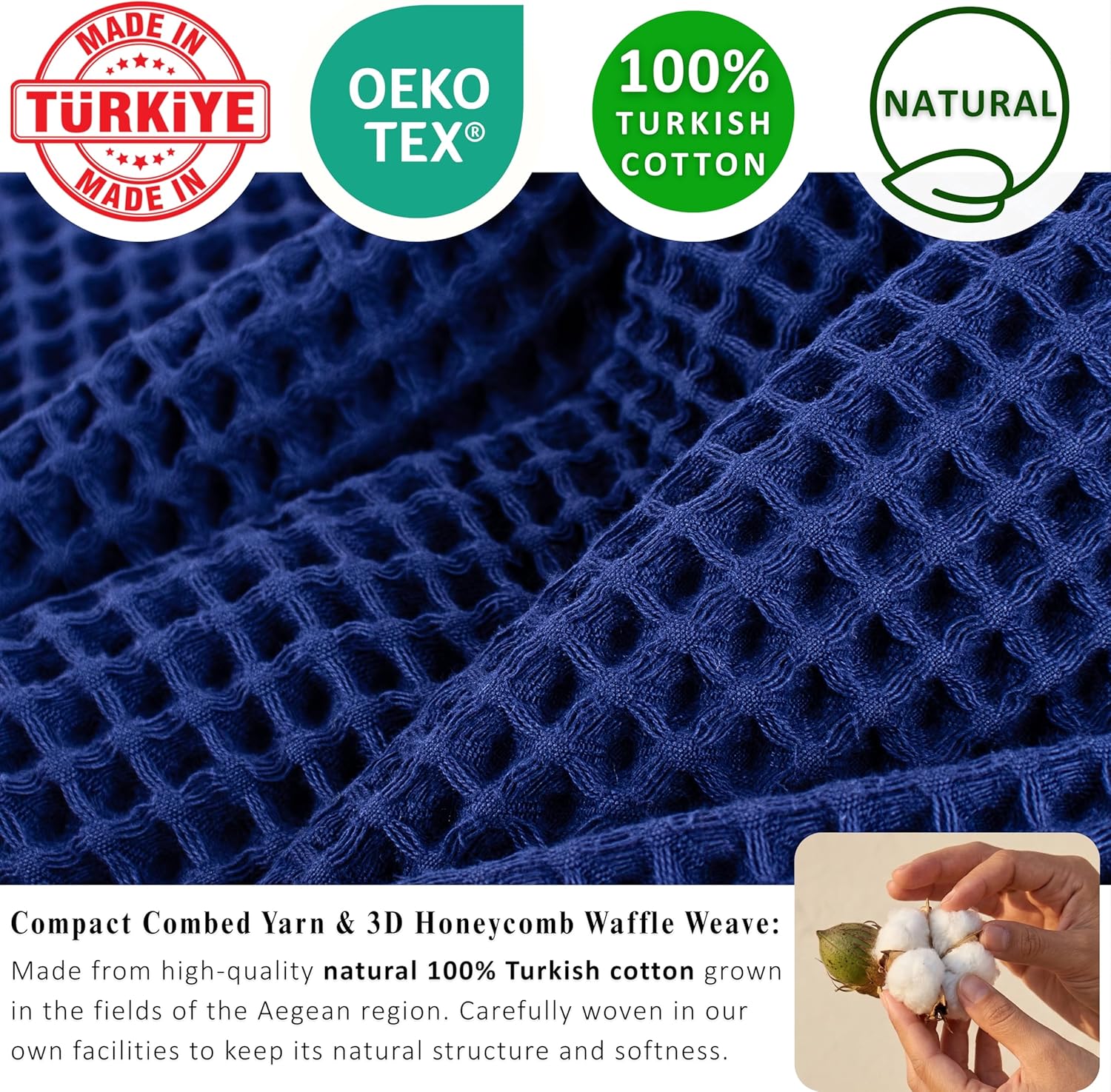 PÜSKÜL Natural 100% Turkish Cotton Waffle Bath Towels Set of 2, Extra-Large | Navy Blue, Oversize 32x63" Bath sheet