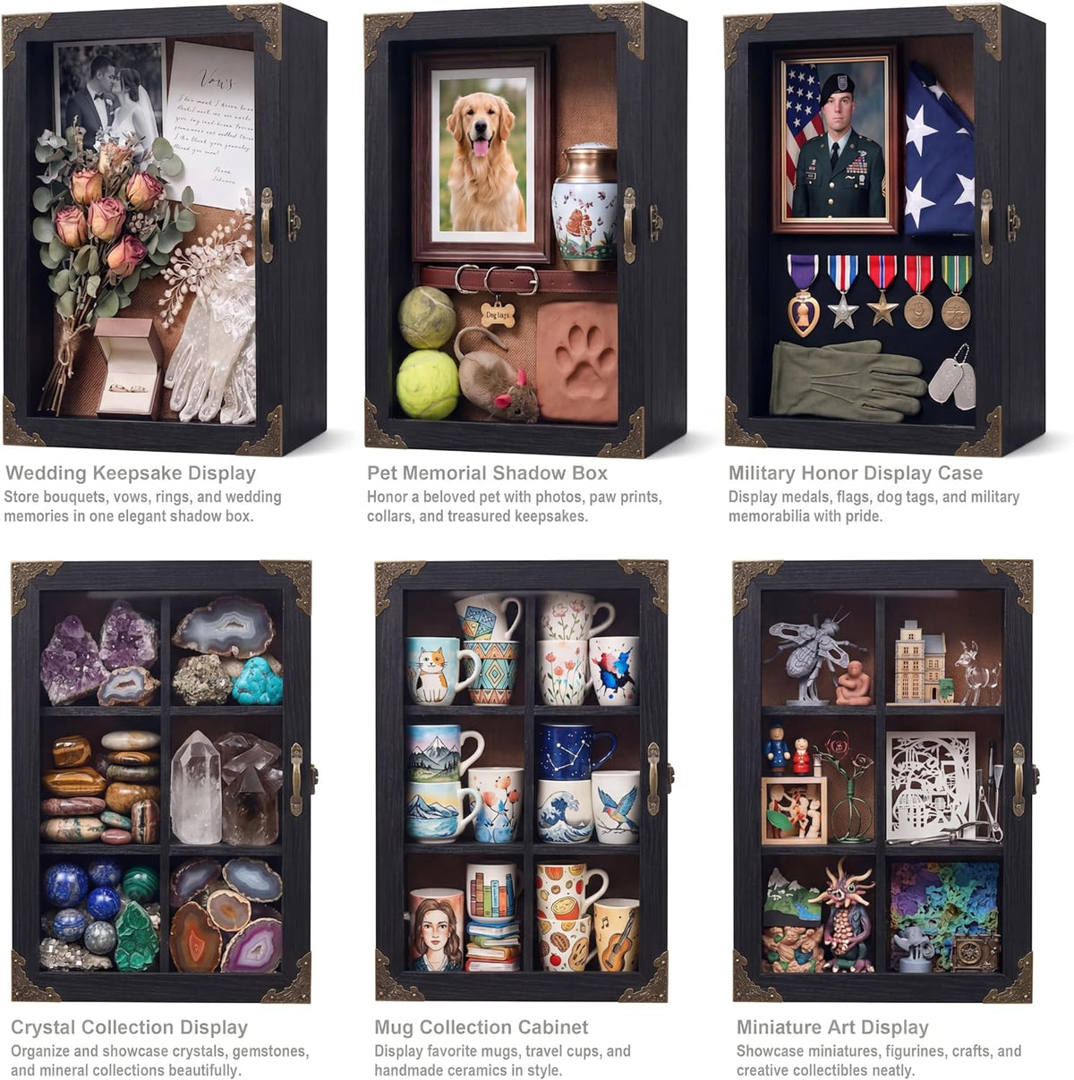 Shadow Box Frame 12x16, 4.7-inch Depth, Black Solid Wood Shadow Box Display Case with Removable 6-Grid Shelves, Vintage