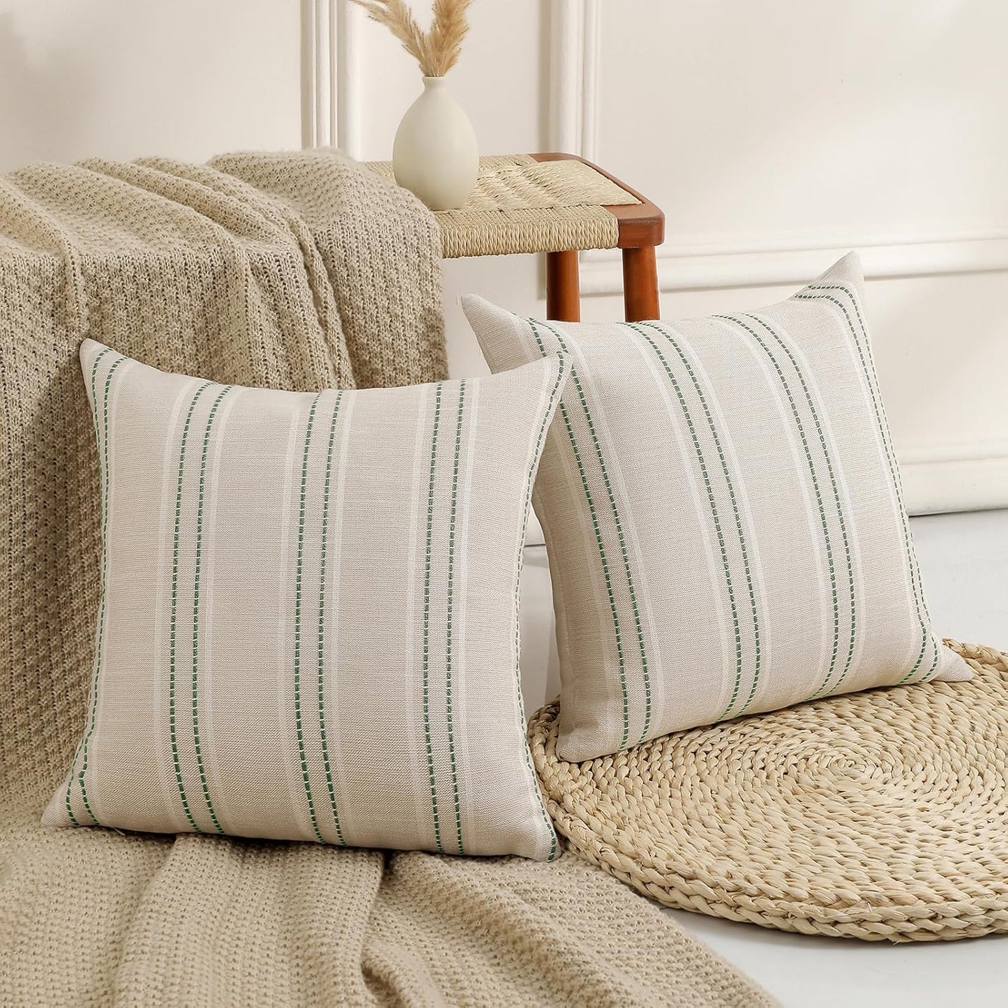 Spring Decorative Pillow Covers Striped Throw Pillows Textured Linen / Green / 18 x 18 / Set of 2