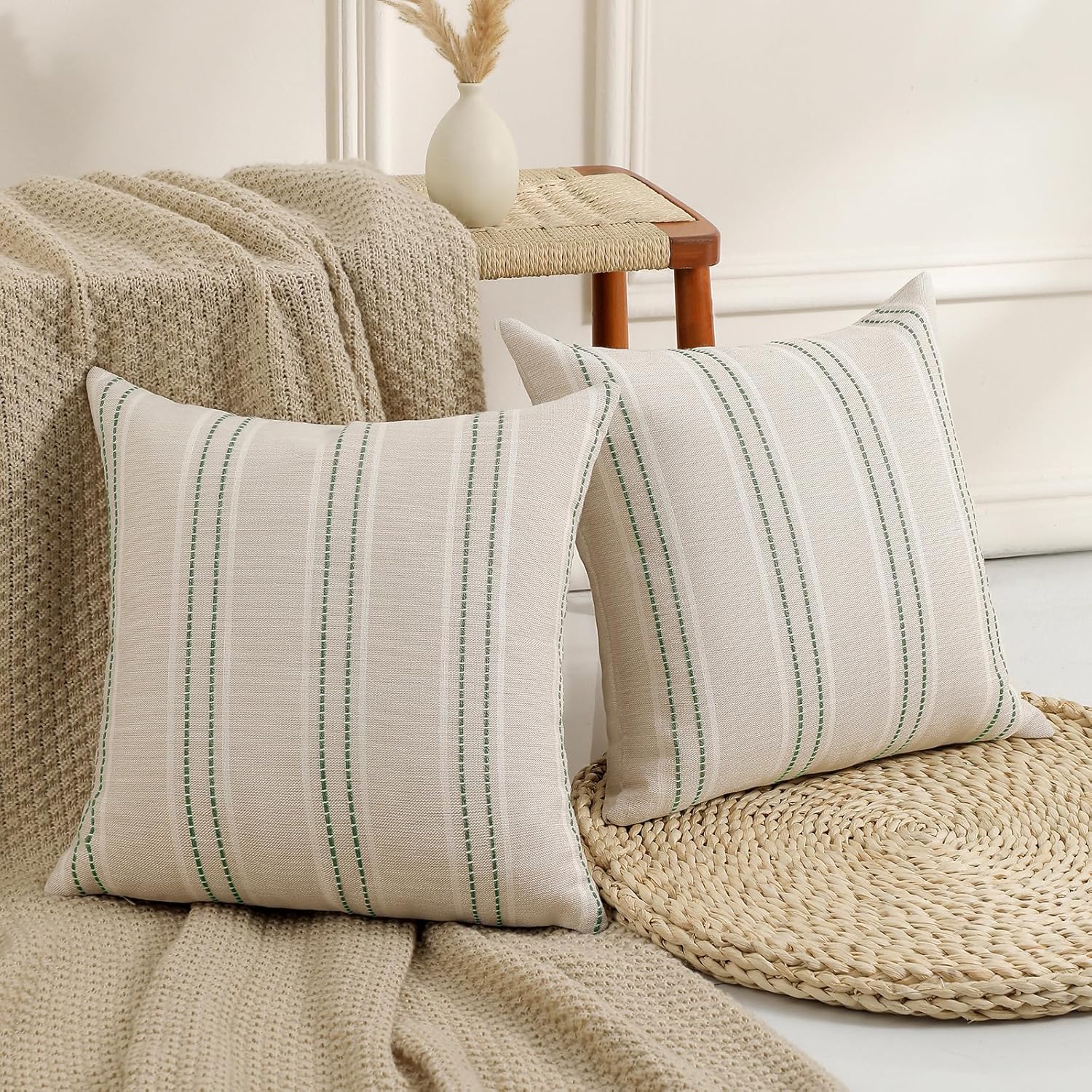 Spring Decorative Pillow Covers Striped Throw Pillows Textured Linen / Green / 18 x 18 / Set of 2