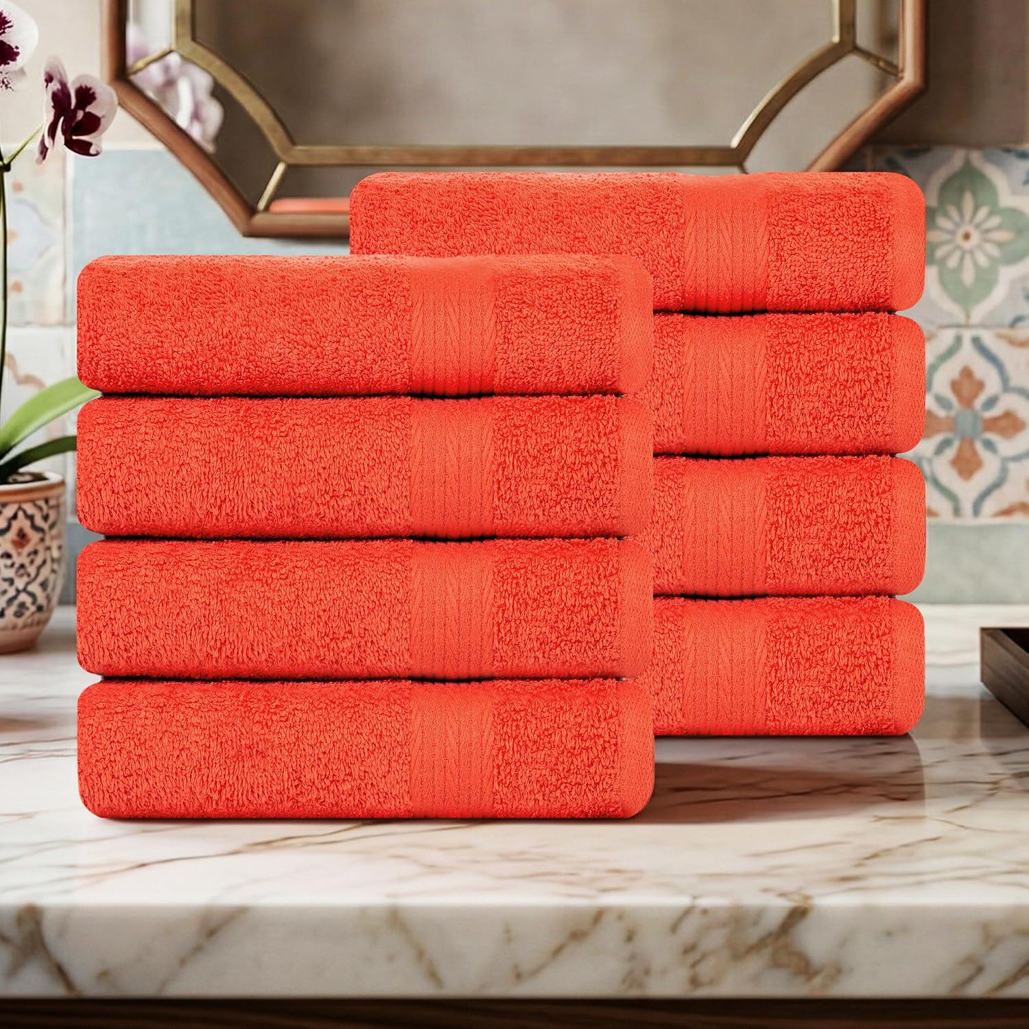 100% Cotton Hand Towels 18x28 Inches, 600 GSM, Soft & Absorbent, Set of 8, Orange