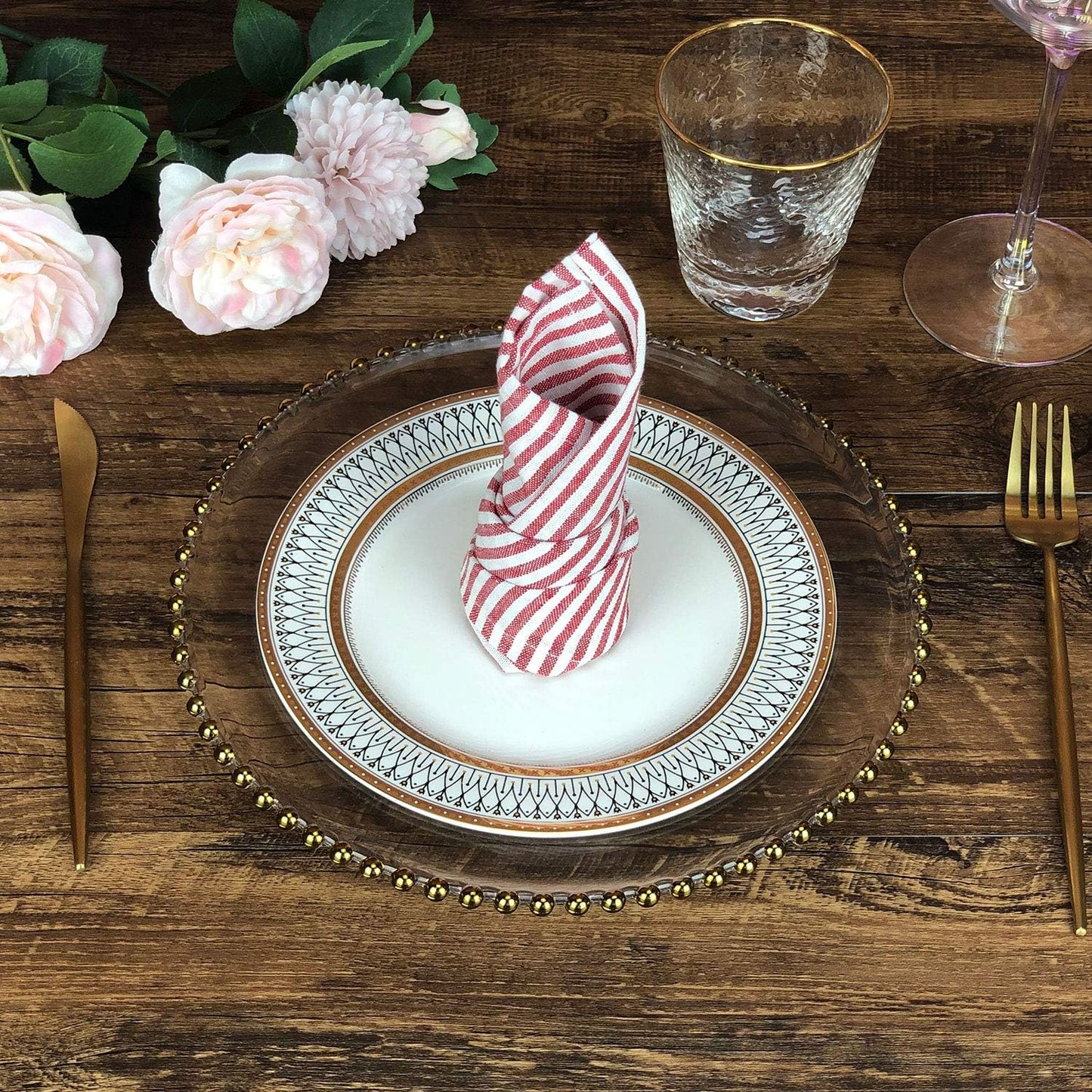 Plain Striped Cotton Linen Blended Dinner Cloth Napkins - Set of 12 (17 x 17 inches) - for Events & Home Use (Red)
