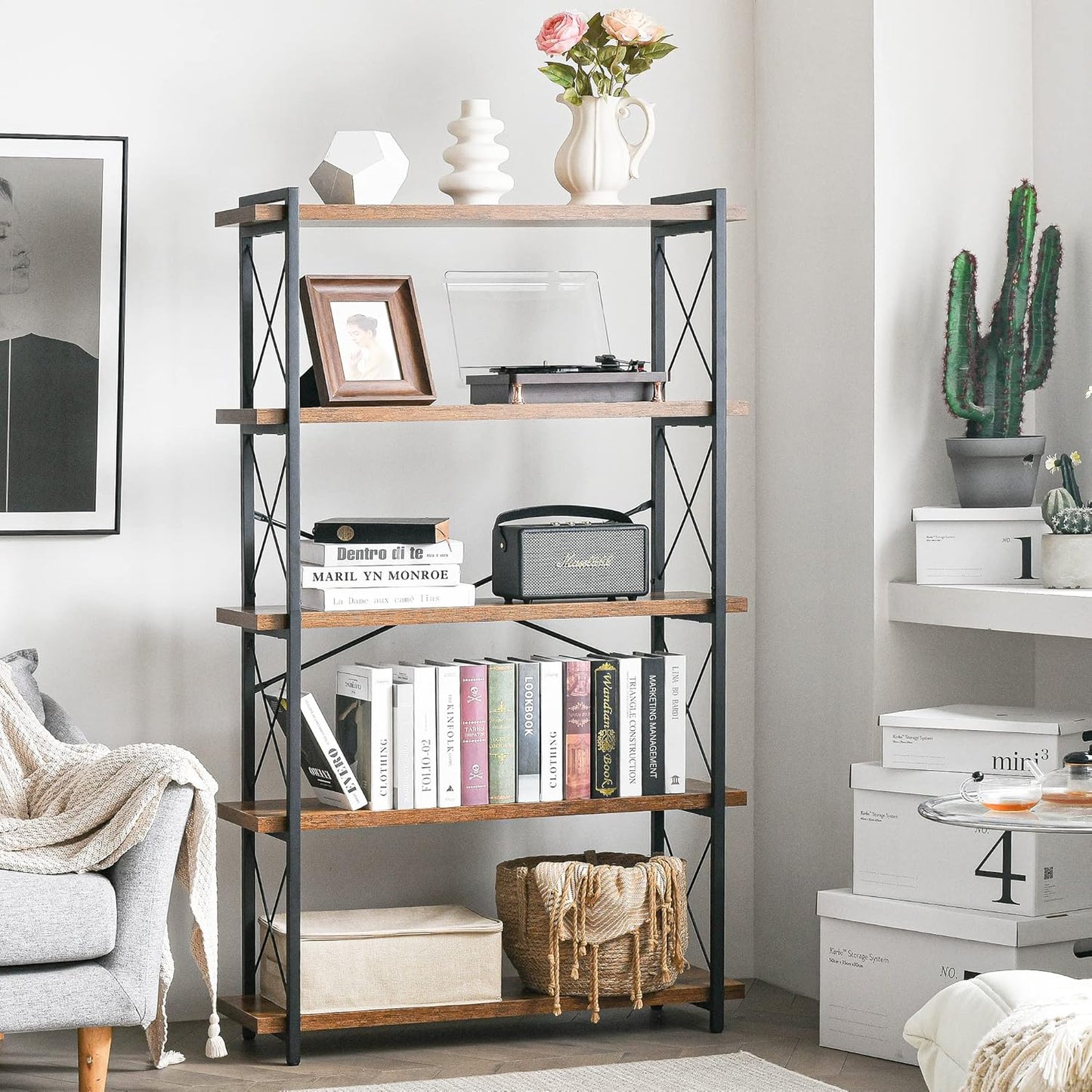 Metal Frame / Rustic Open Book Shelf / 5-tier / Rustic Brown