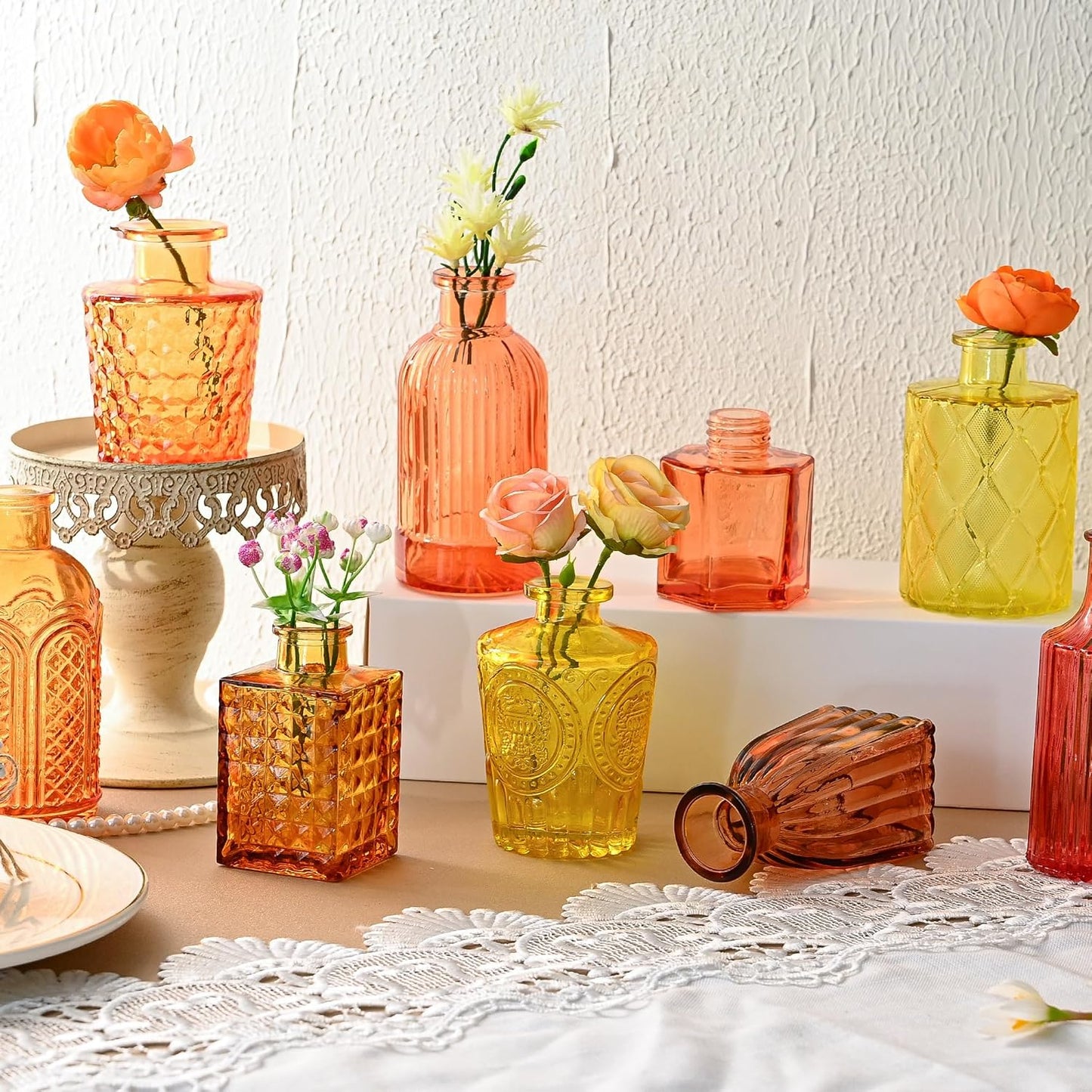 Colored Glass Bud Vases / Orange Yellow Series / Set of 15