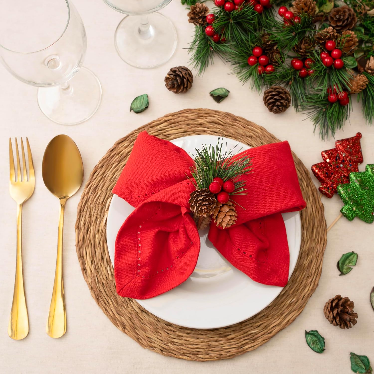 Blue Needles Set of 12 Hemstitch Linen Napkins 100% Cotton Red Cloth Dinner Napkins 18x18 inches, Soft, Reusable