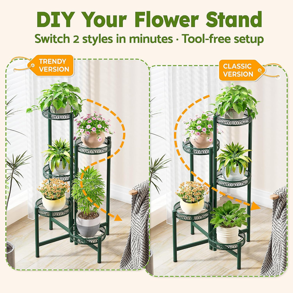 5-Tier Metal Plant Stand Indoor Outdoor, Corner Tall Plant Shelf for Multiple Plants, Foldable Plant Stand, Heavy Duty