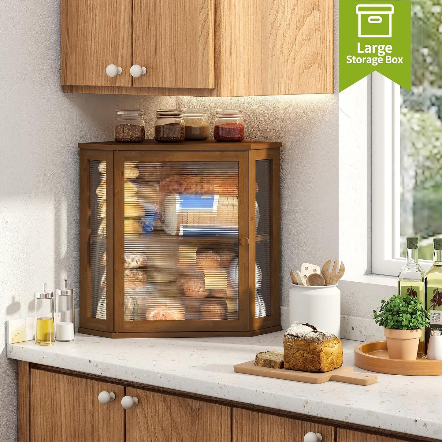 BMOSU Corner Bread Box for Kitchen Countertop Double Layer Bamboo Wooden Bread box Large Capacity Bread Storage