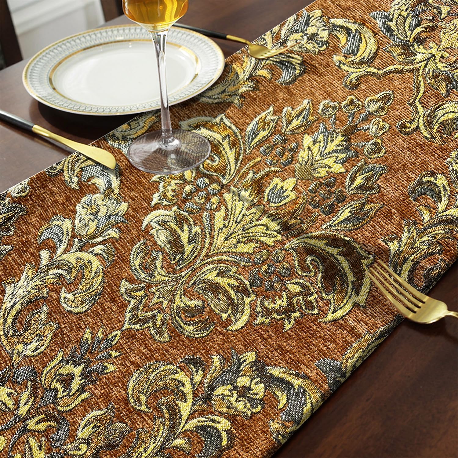 Vintage Table Runner 13x98 Premium Chenille Caramel Euro Floral Pattern | For Thanksgiving,Wedding,Party