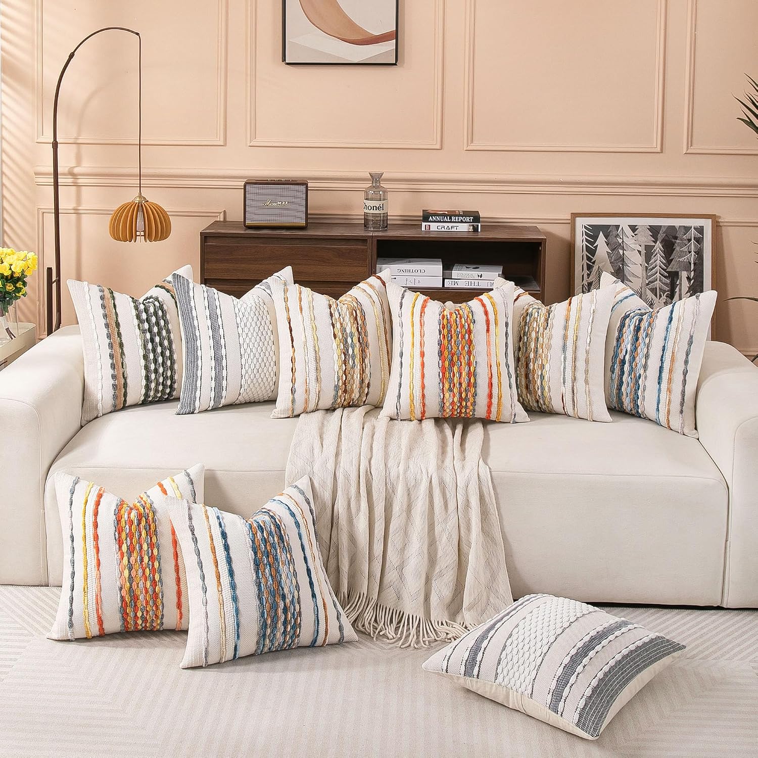 Boho Striped Throw Pillow Covers Farmhouse Square / Caramel Brown Blue / 18 x 18 / Set of 2