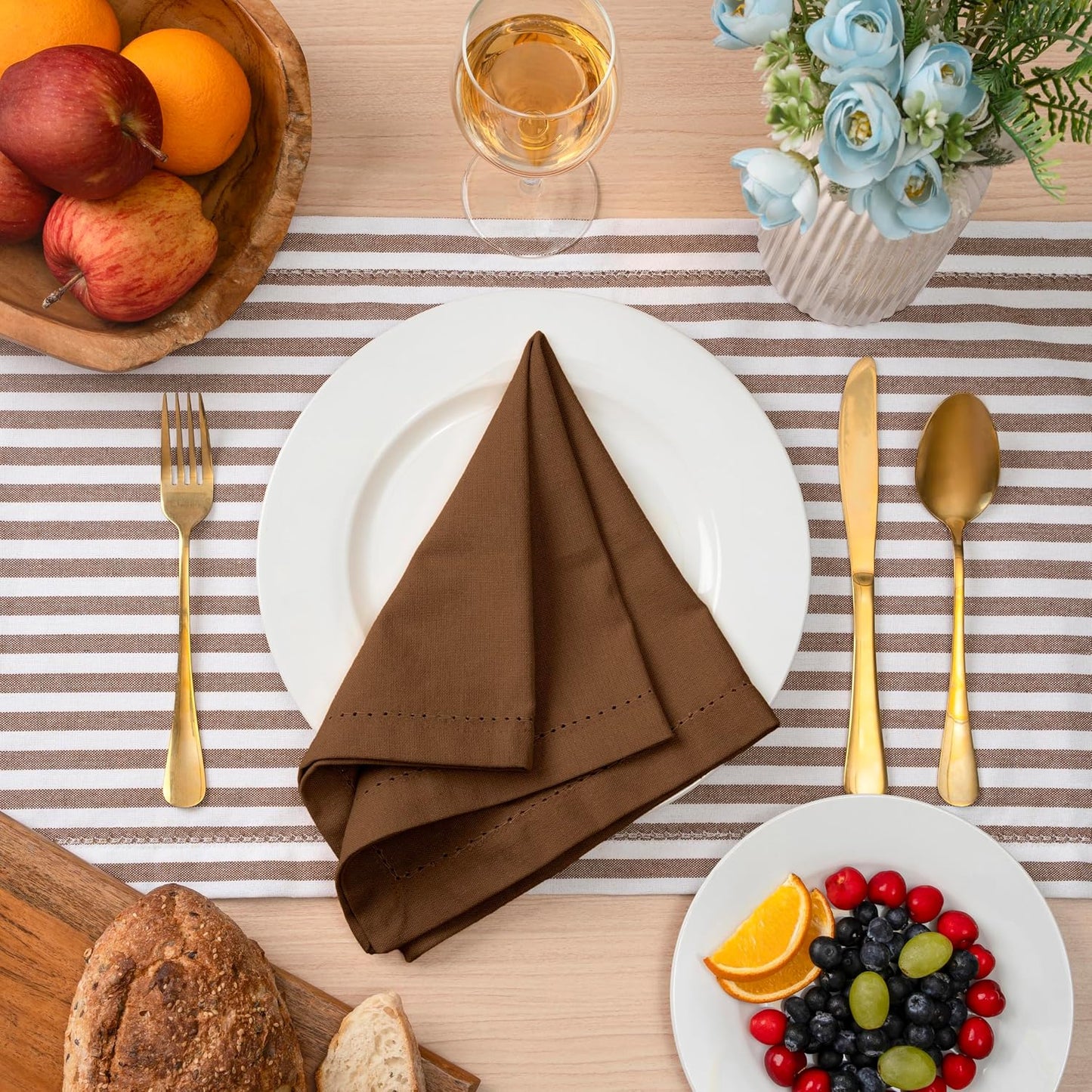Blue Needles Set of 12 Hemstitch Linen Napkins 100% Cotton Nut Brown Cloth Dinner Napkins 18x18 inches, Soft, Reusable