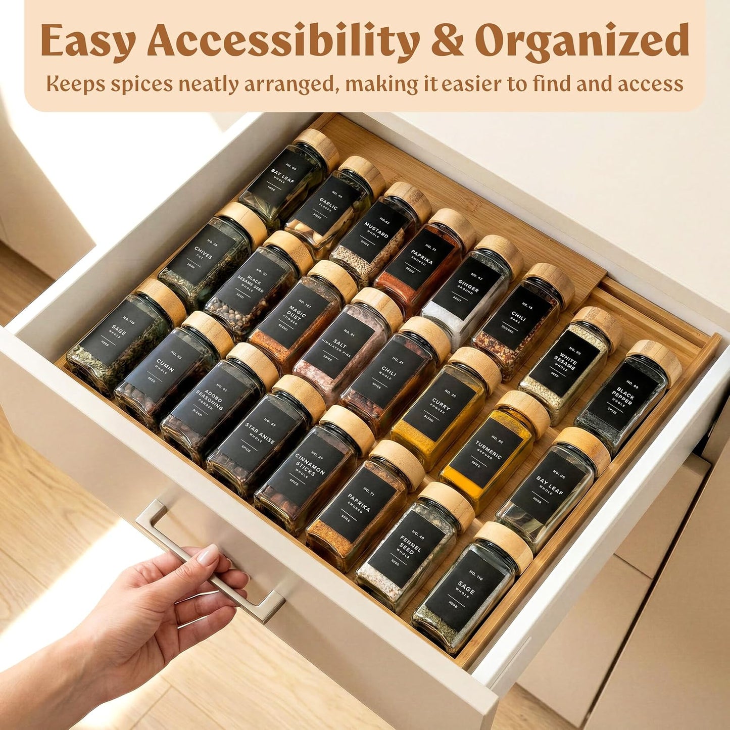 Bamboo Spice Drawer Organizer - Expandable 4 Tier Spice Rack (Need 3" Deep Drawer) 12" to 24" Wide, Seasoning
