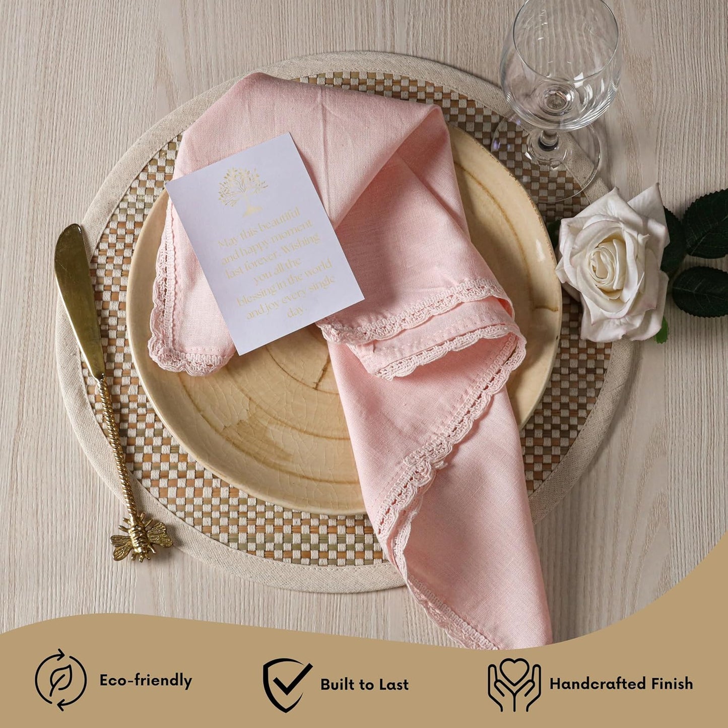 Ramanta Home PinkLinen Flax Cloth Napkins Set of 12, 18x18 Inches | Flax Lace Cotton Linen Reusable Decorative