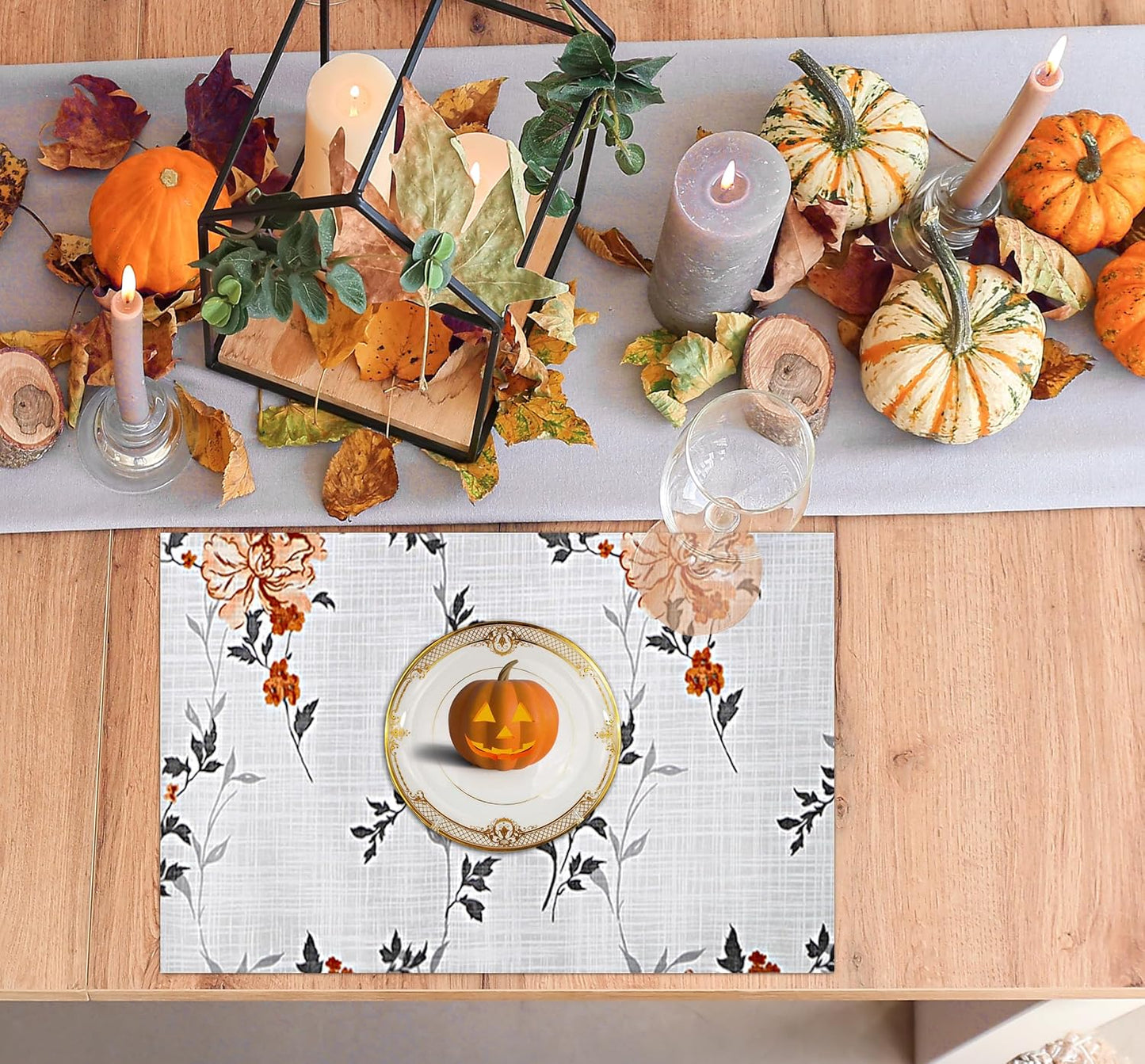 Ruvanti Placemats Set of 6, 100% Cotton Place Mats of 13"x19" – Grey Floral | Heat, Stain resistant, Washable