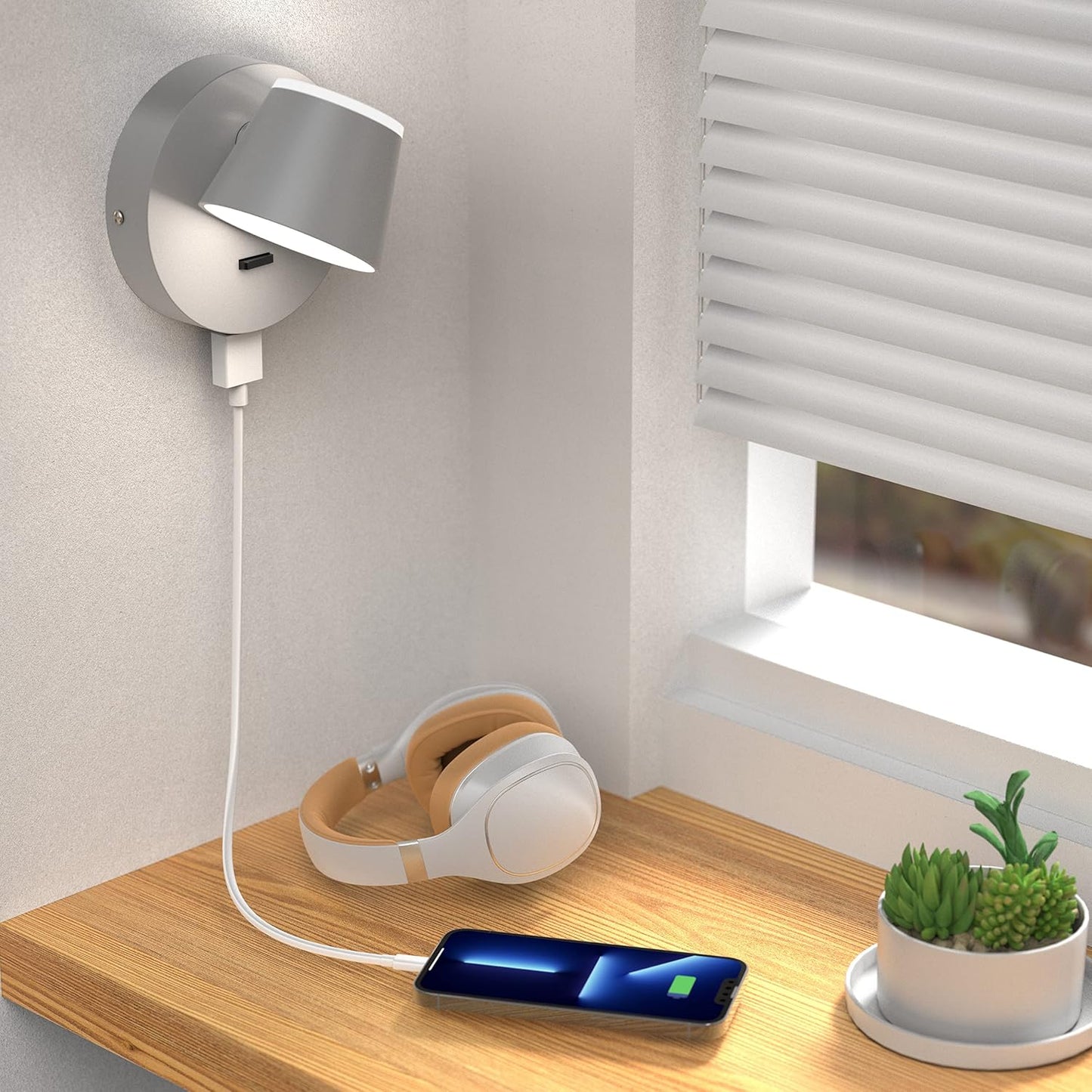 URSOLA Wall Light LED Wall Sconce with On/Off Switch USB Charging Port 110 Volt Hardwired Wall Lamp 350 Rotatable Up