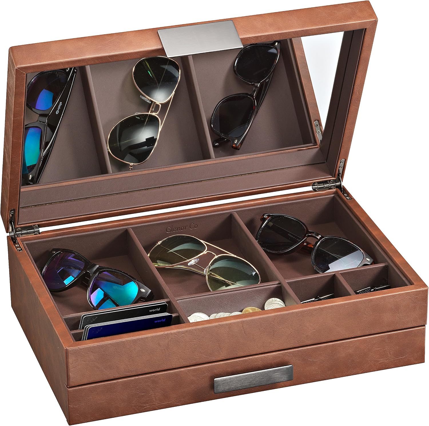 Glenor Co Mens Valet/Dresser Organizer - Luxury 12 Slot Jewelry Accessories Box, Carbon Fiber Design, Drawer Tray