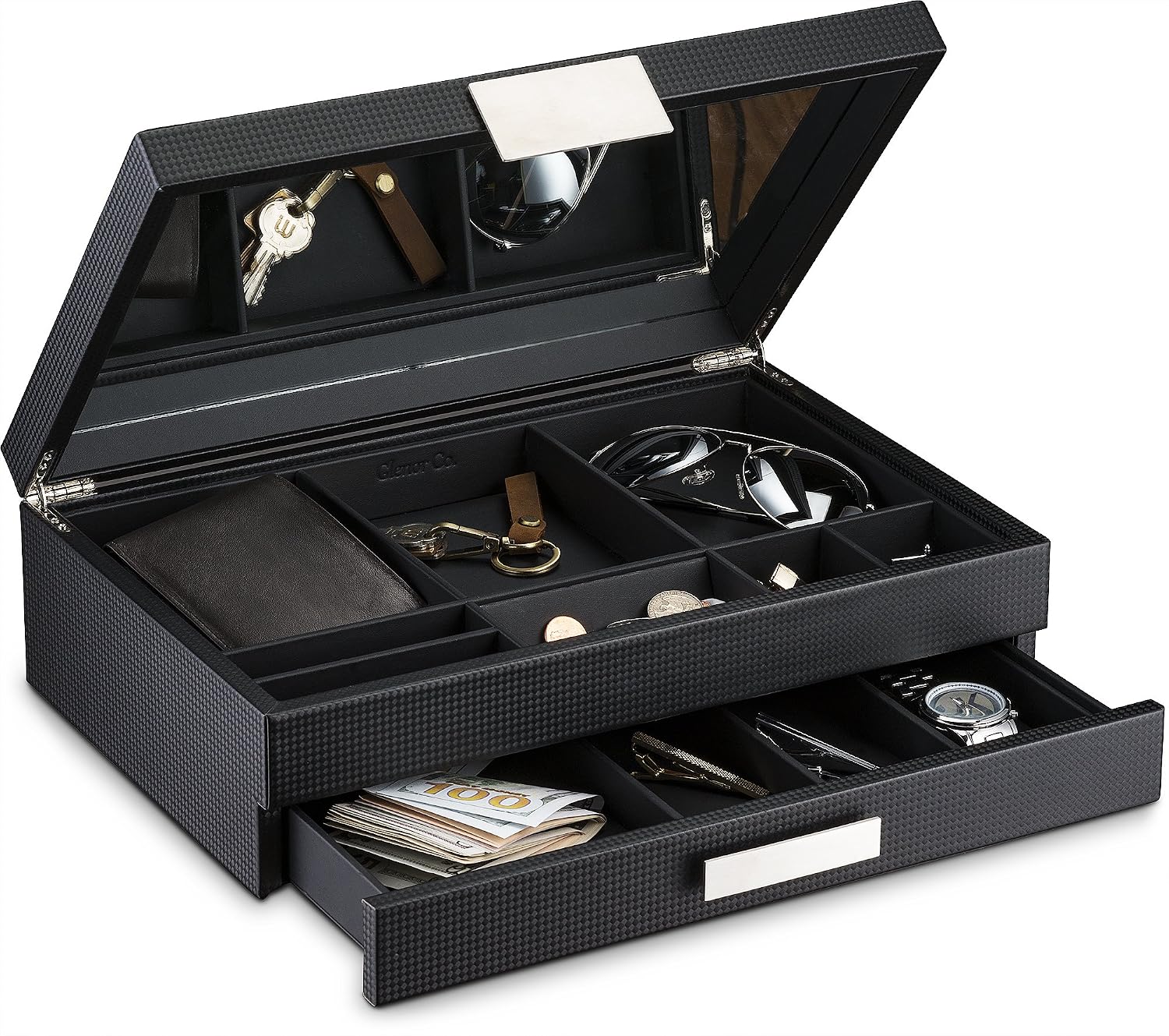 Glenor Co Mens Valet/Dresser Organizer - Luxury 12 Slot Jewelry Accessories Box, Carbon Fiber Design, Drawer Tray