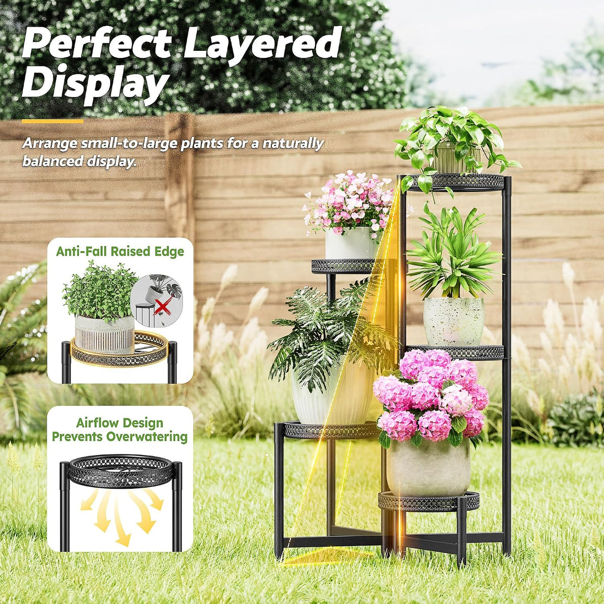 5 Tiered Tall Plant Stand Indoor Outdoor, Metral Plant Shelf for Corner Display Rack, Multi-Tier Folding Planter Pot