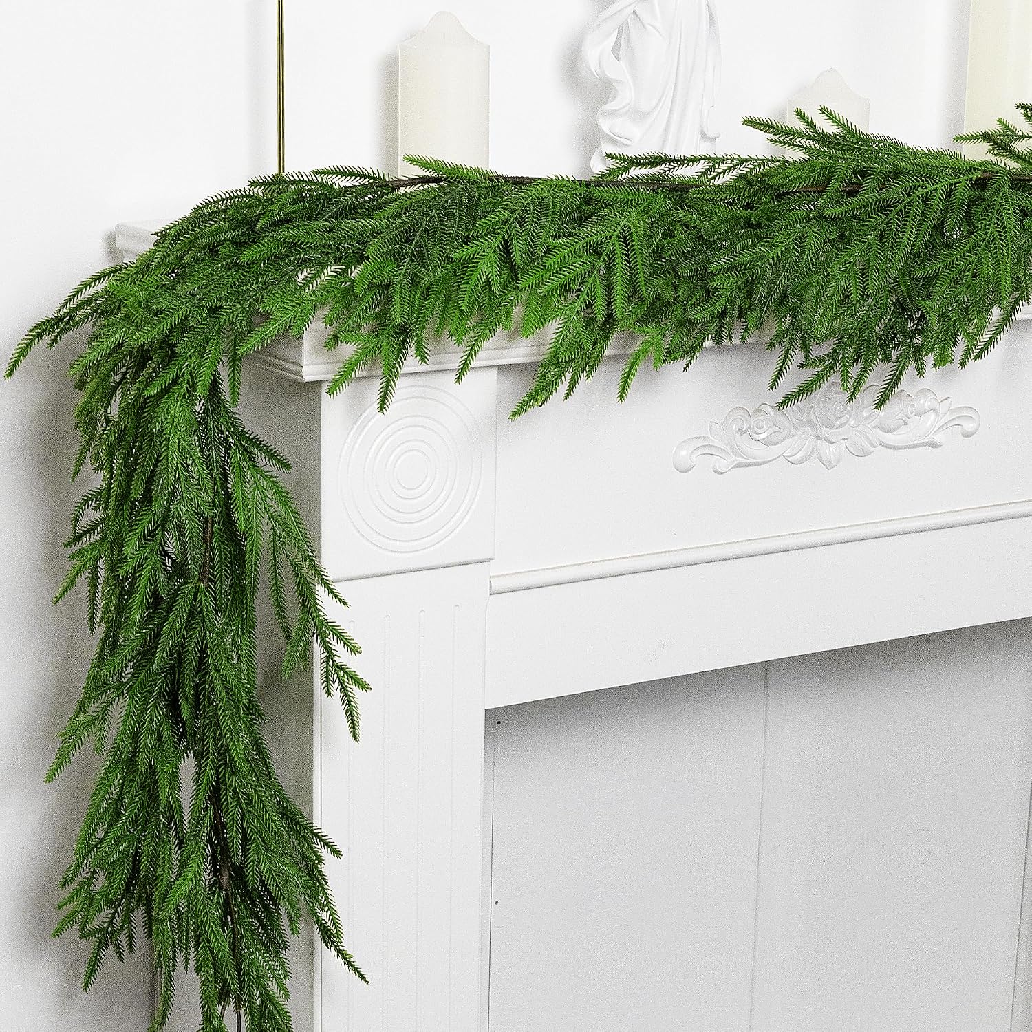 Watayo 2 Pcs Christmas Norfolk Pine Garland, 6 Ft Dense Real Touch Pine Garland Ornament, Realistic Artificial Pines