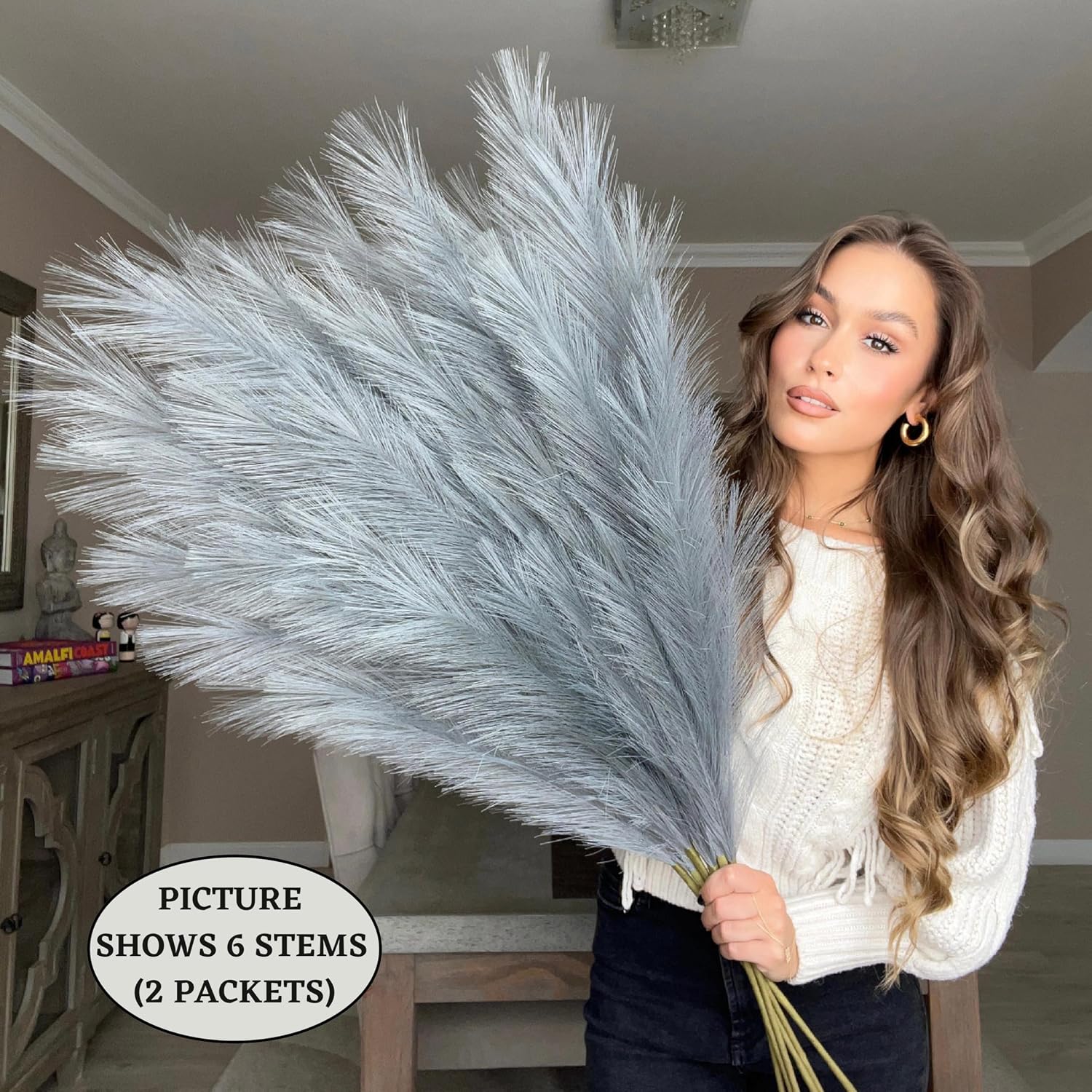 Light Fake Artificial Faux Pampas Grass Large Bundle 3 Tall 45" Extra Fluffy Stems / Grey Gray