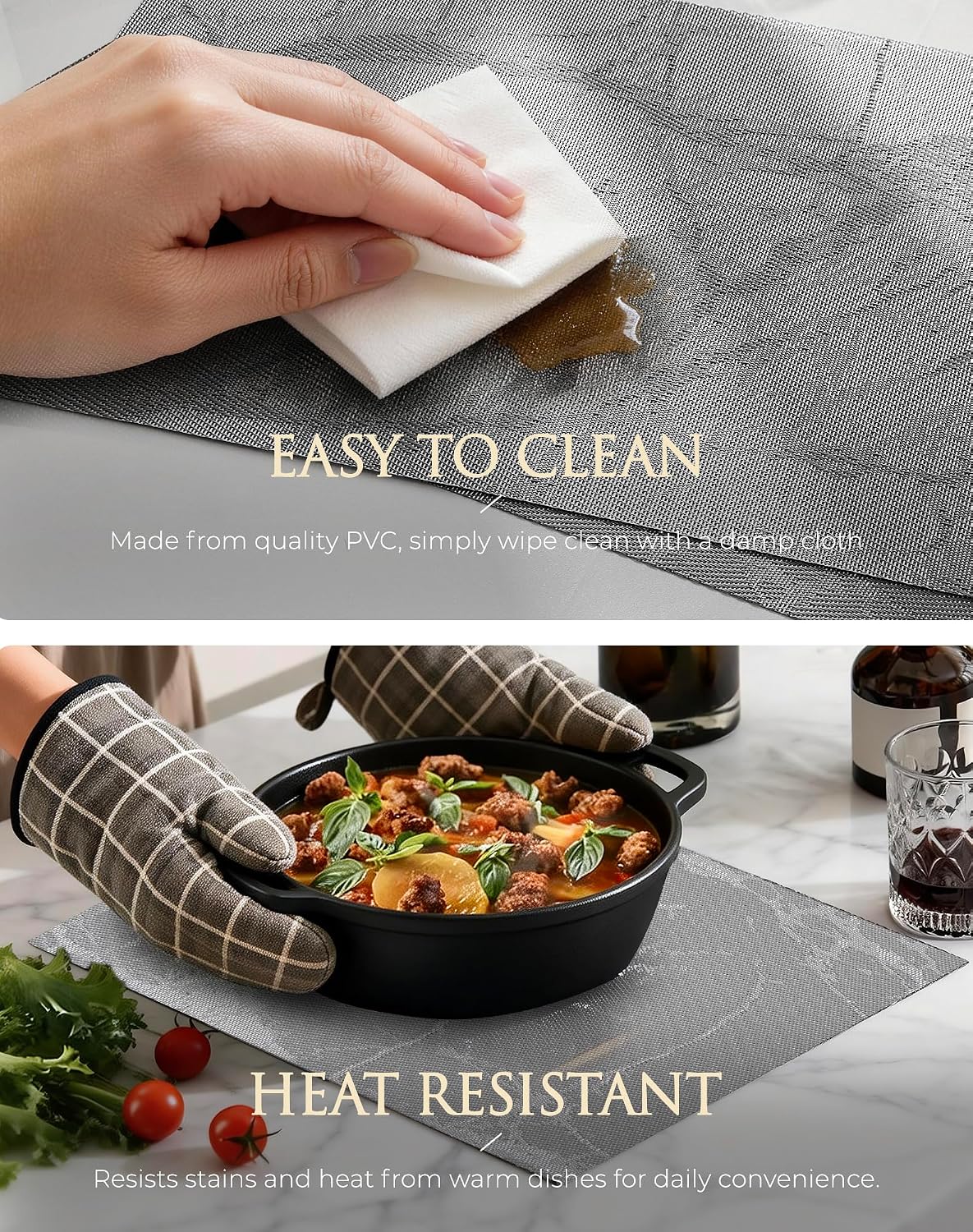 Leetaltree Woven Vinyl Placemats Set of 8,Gray Marble | High Density，Stain Resistant, Easy to Clean, Washable Table