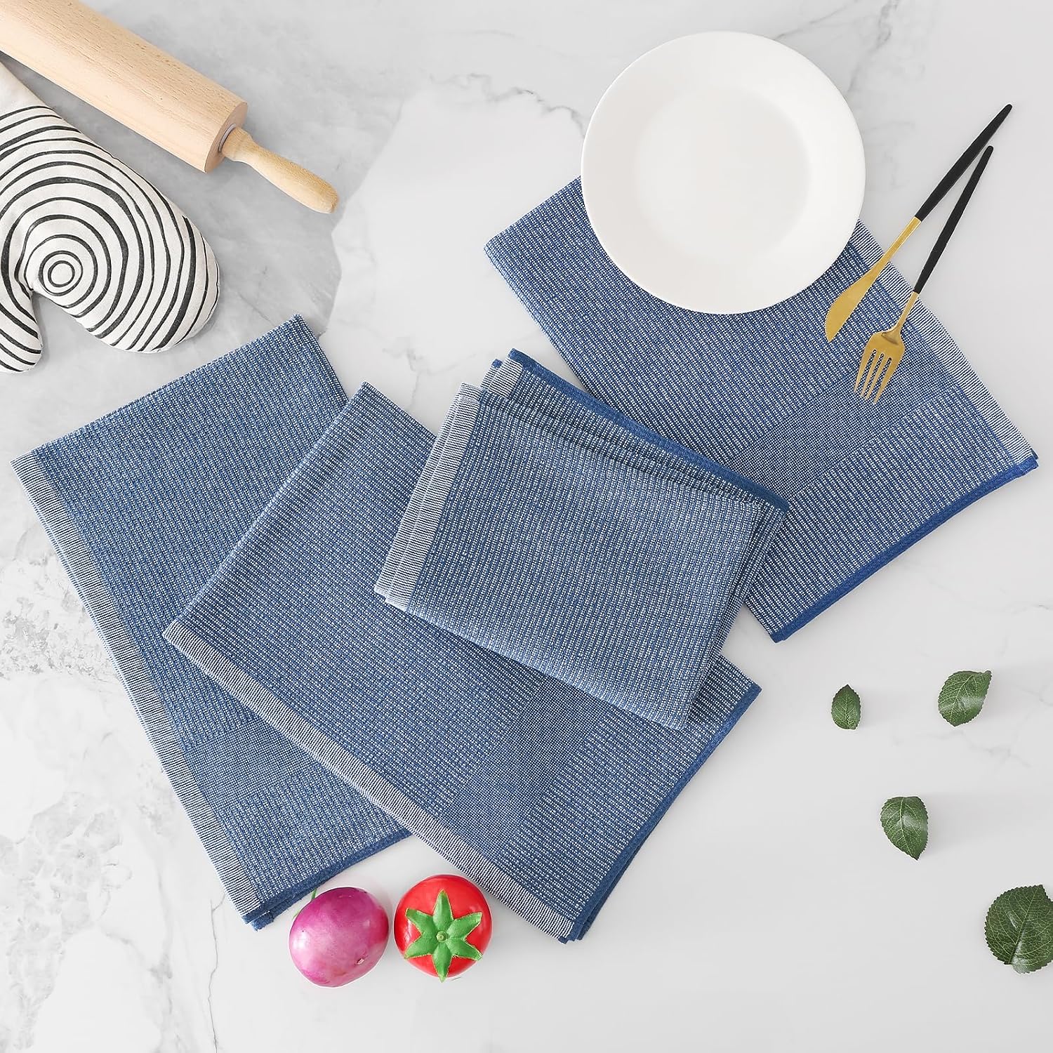 Homaxy 380 GSM Cotton Premium Kitchen Towels 8 Pack, 18"x 28", Navy Blue | Flat and Terry Dish Towels, Highly Absorbent