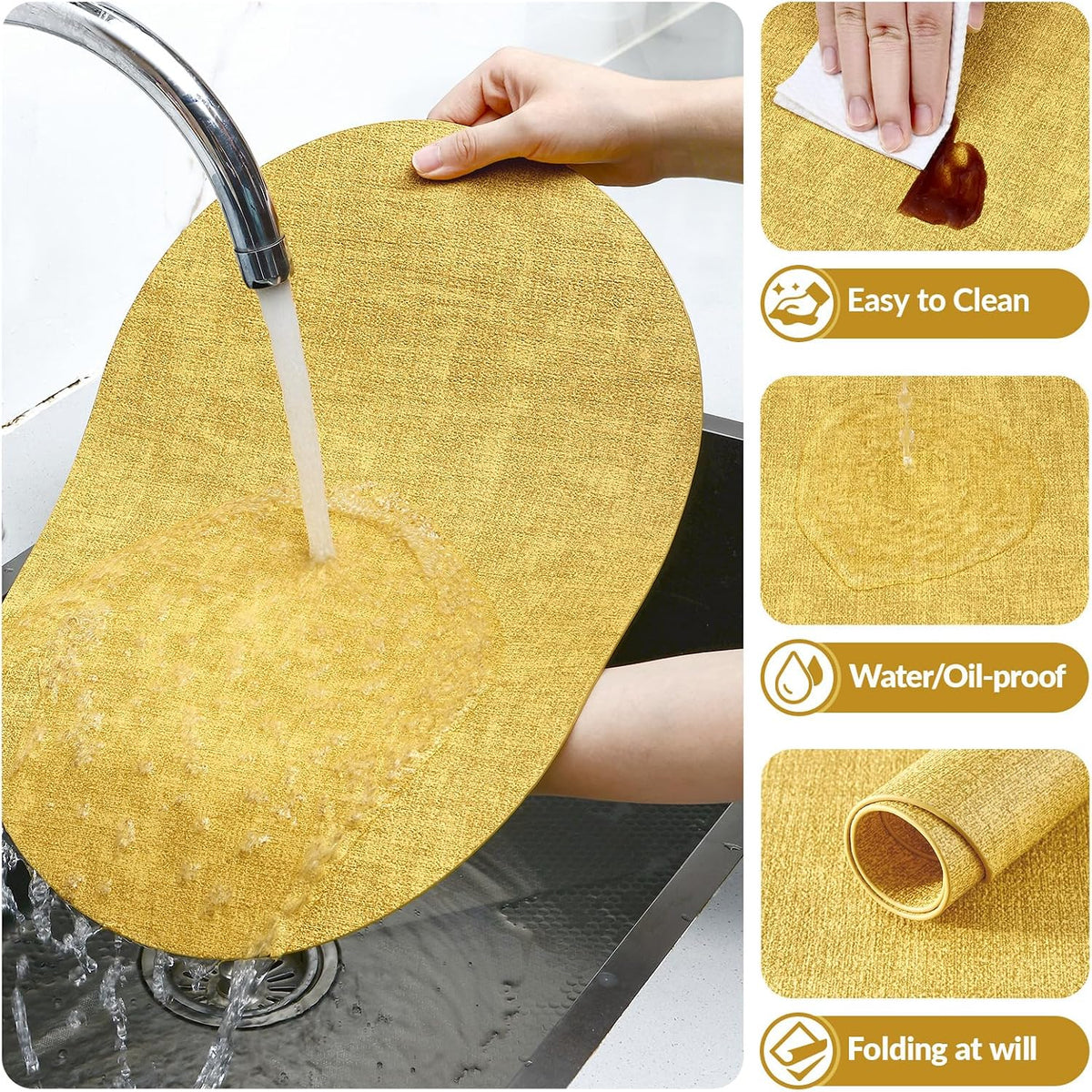 Placemats Set of 6, 11.8 x 17 Inch, Yellow | Heat Resistant Oval Faux Leather Place Mats, Waterproof Wipeable