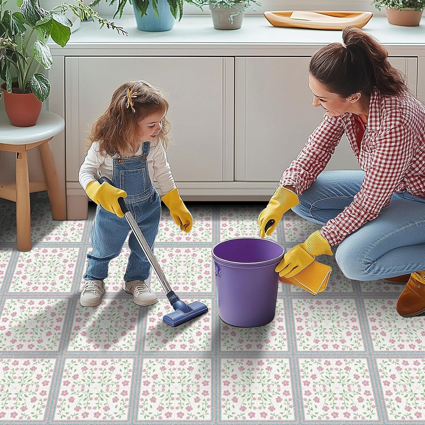 Light Green Leaves Floor Tiles Peel and Stick Removable / 12 x 12 / Pink Vine Flowers / Set of 10