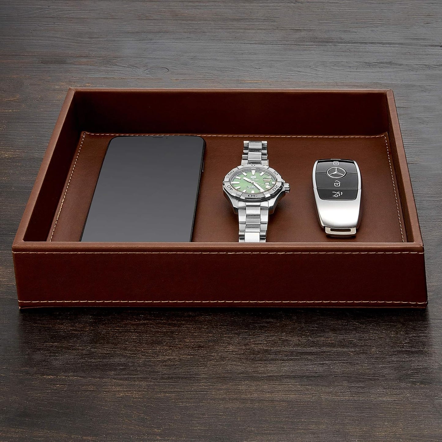 GALLAWAY Leather Valet Tray for Men - Nightstand Organizer EDC Tray for Wallet and Keys - Bedside Dresser Catch All