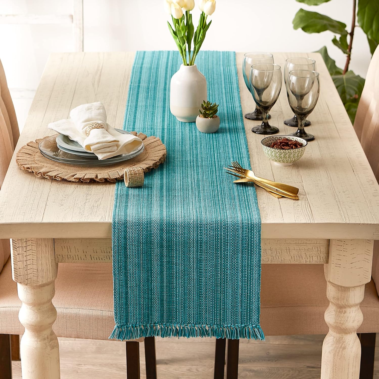 DII Variegated Tabletop Collection, Table Runner, 13x72, Teal