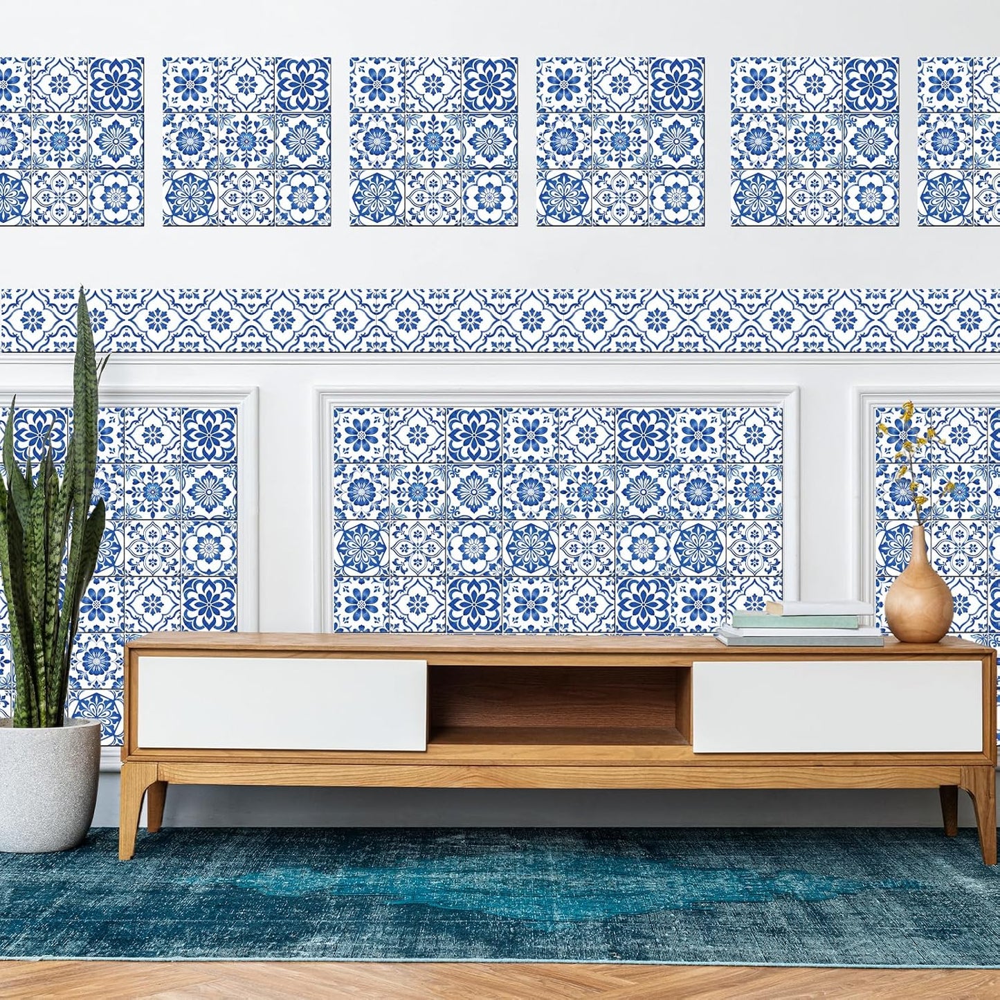 9 Style Textured Flowers Tile Stickers Relief Floral Peel and Stick / Blue and White / Set of 36