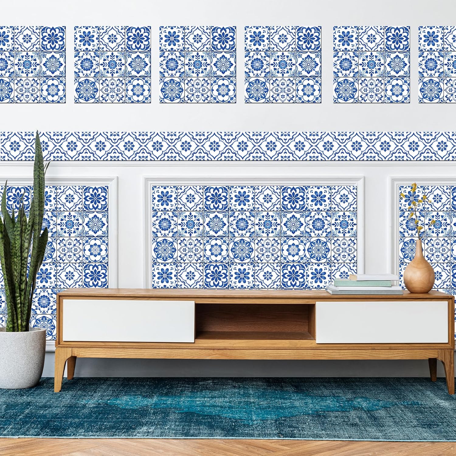 9 Style Textured Flowers Tile Stickers Relief Floral Peel and Stick / Blue and White / Set of 36