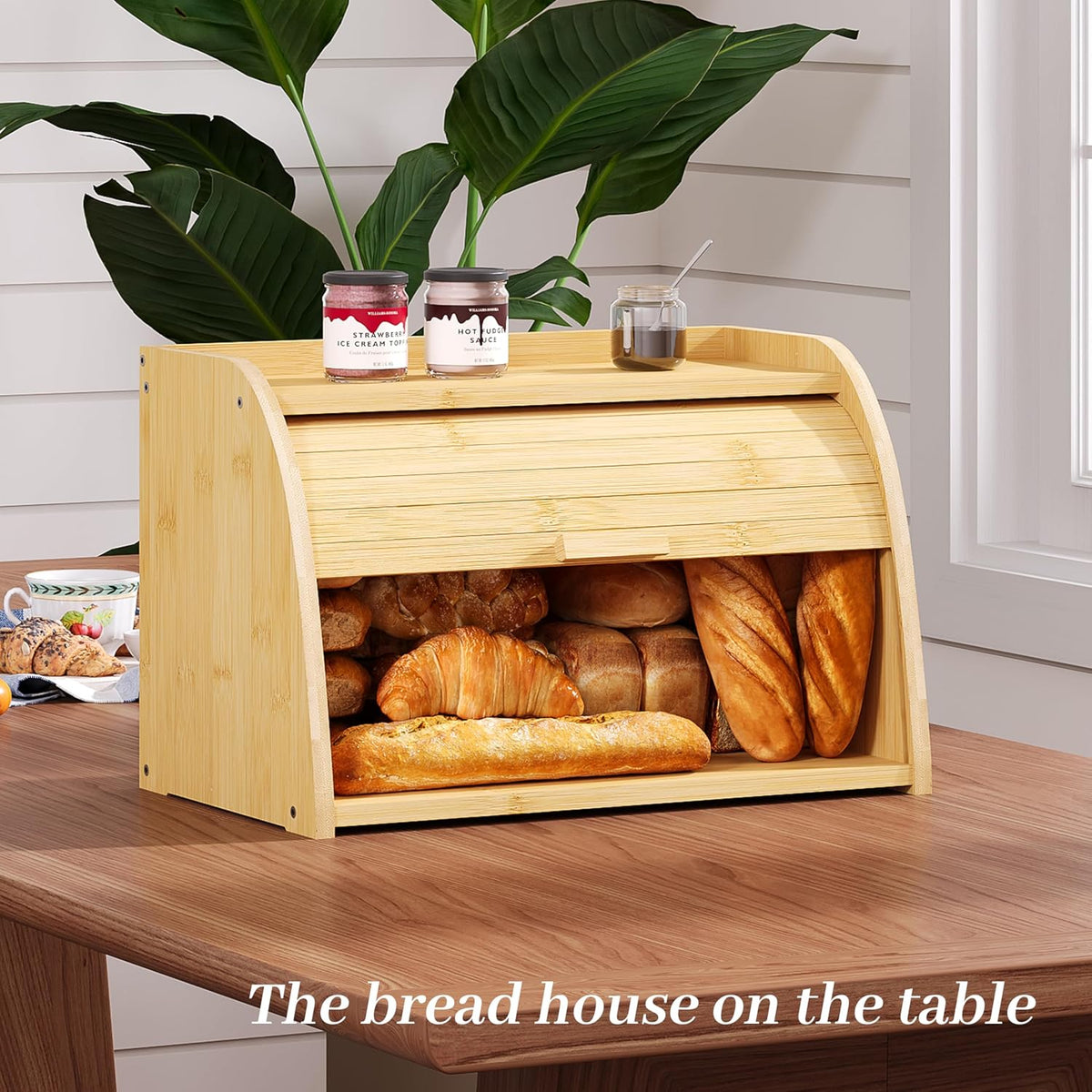 Kitsanery Bread Box for Kitchen Countertop, Bamboo Bread Storage, Double-Layer Roll-Top Bread Container, Farmhouse