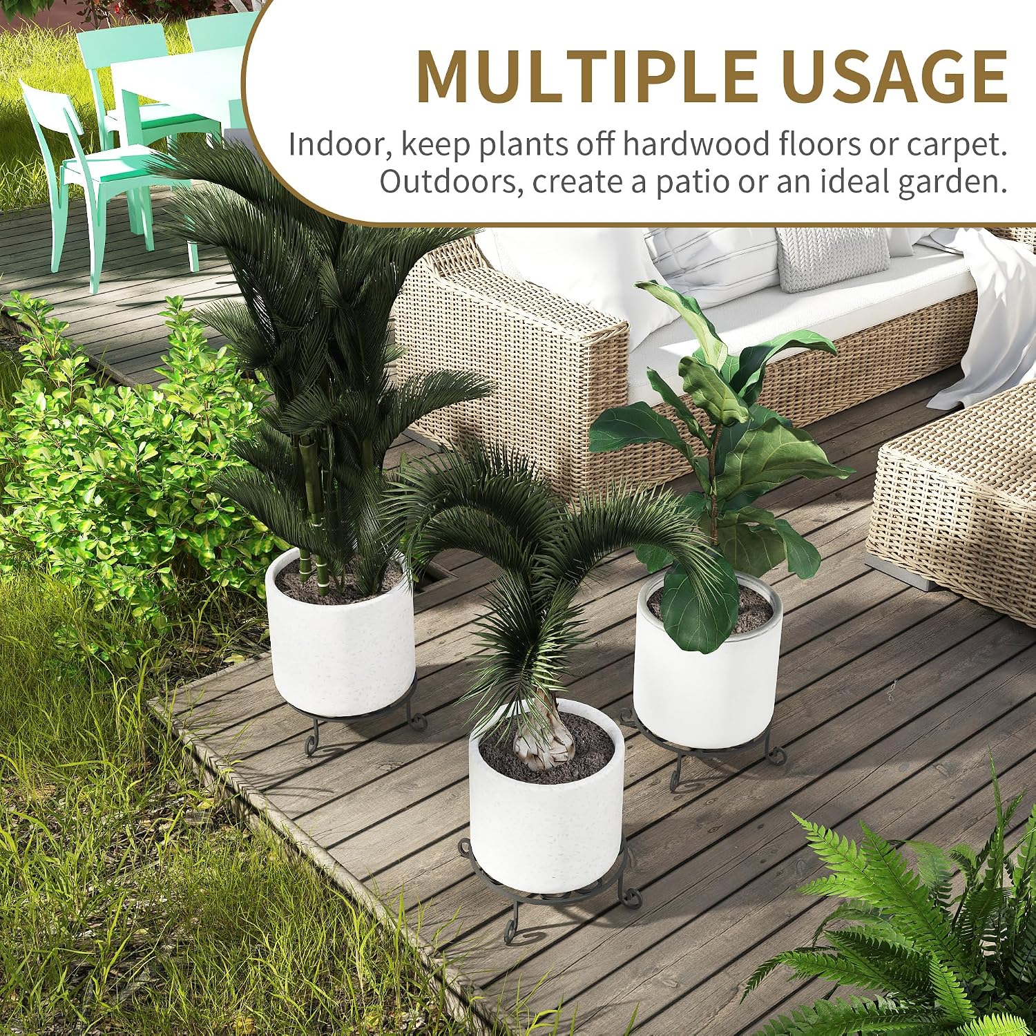 PROWORX 4 Pack 10” Diameter Metal Outdoor Plant Stand Indoor, Black Heavy Duty Potted Holder, Round Anti-Rust Wrought