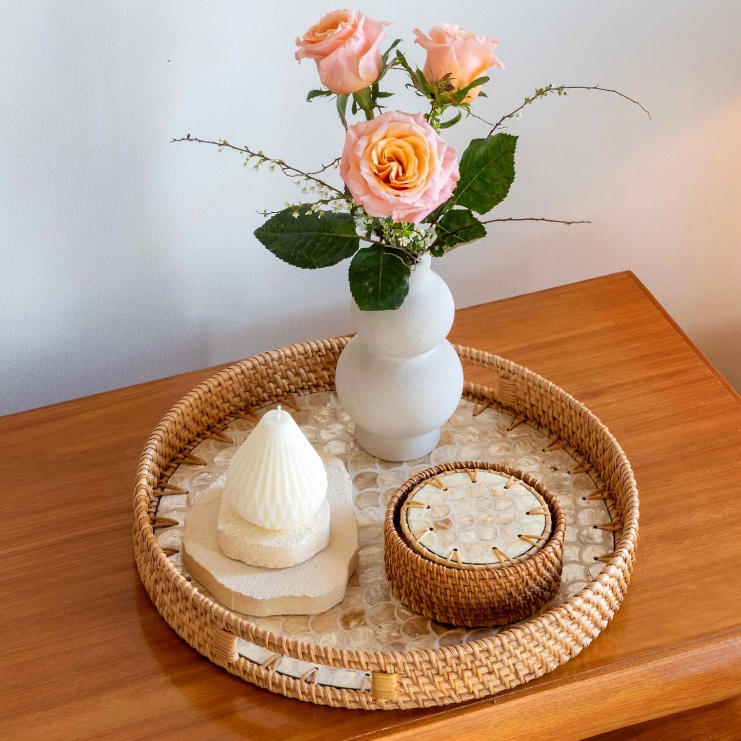 Holder • Handmade Round Coaster • Wicker / Cascade Light / Set of 6