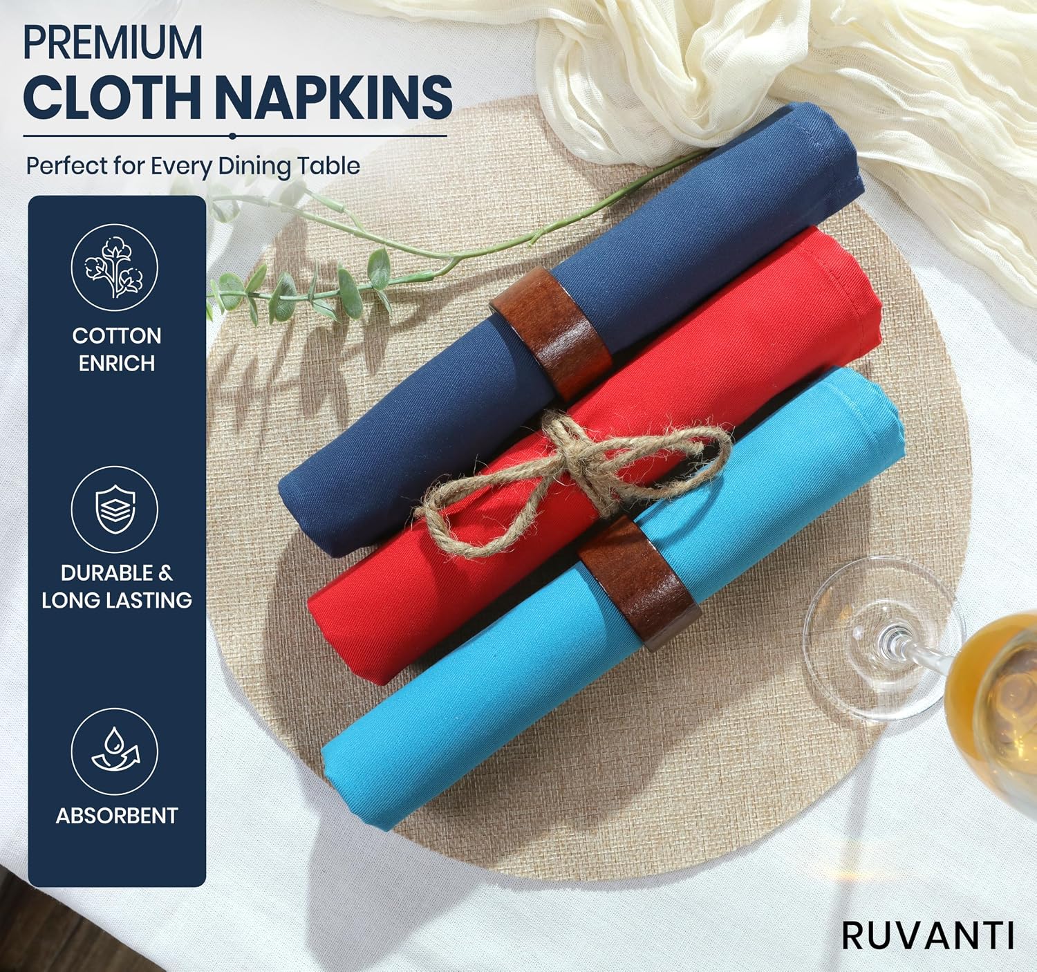 Ruvanti Cloth Napkins Set of 12, Cotton Enrich 18”x18” - Multi Color | Washable, Soft, Durable & Absorbent Everyday