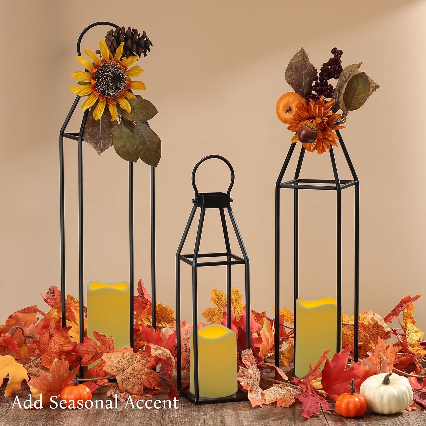 Perfnique Set of 3 Black Metal Lanterns w/ Waterproof Flickering Flameless Candle & Remote Timer, Modern Farmhouse