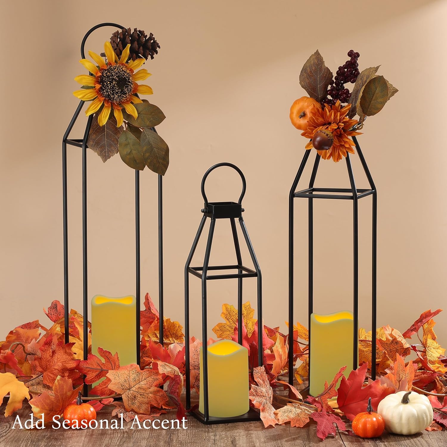 Perfnique Set of 3 Black Metal Lanterns w/ Waterproof Flickering Flameless Candle & Remote Timer, Modern Farmhouse