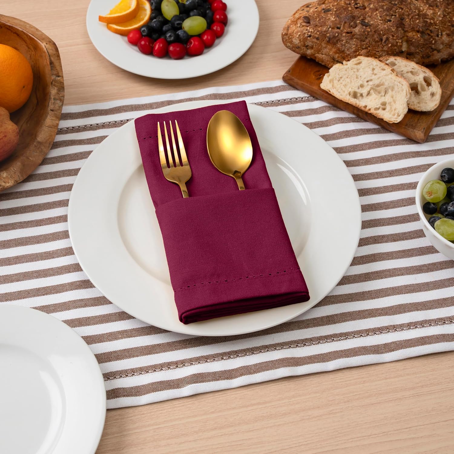 Blue Needles Set of 12 Hemstitch Linen Napkins 100% Cotton Burgundy Cloth Dinner Napkins 18x18 inches, Soft, Reusable