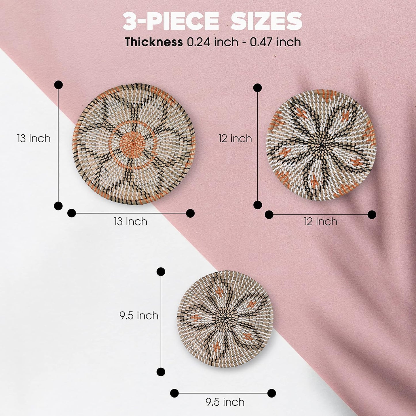 Modern Boho Rustic Wicker Hanging Wall Baskets / Natural / Set of 3