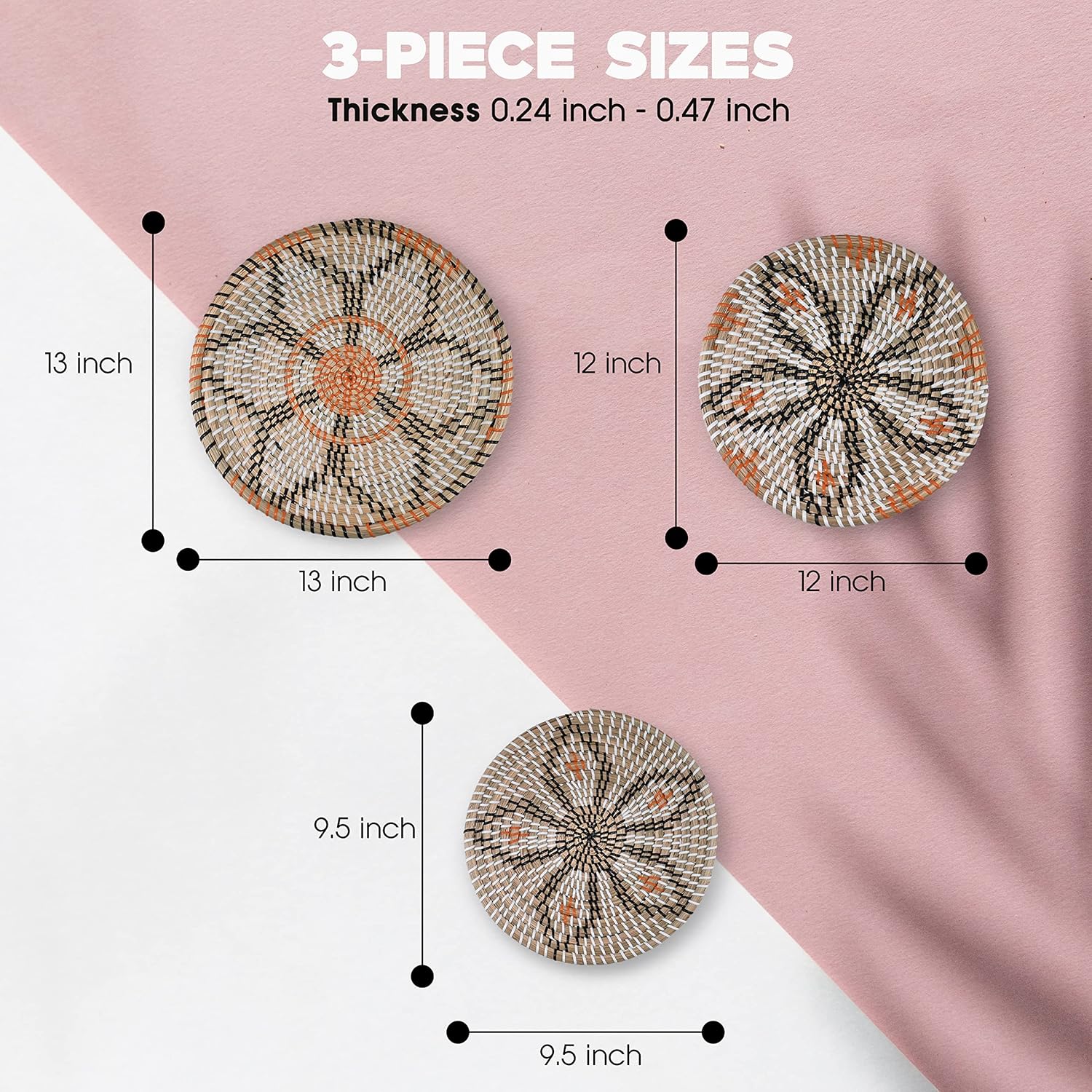 Modern Boho Rustic Wicker Hanging Wall Baskets / Natural / Set of 3