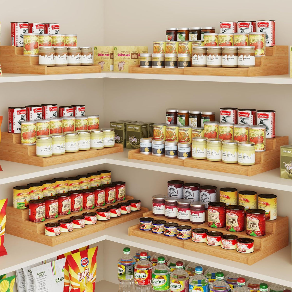 Expandable Bamboo Can Rack Organizer for Pantry, 3-Tier Adjustable Can Storage Holder, Soda Organizer Holds Up to 24