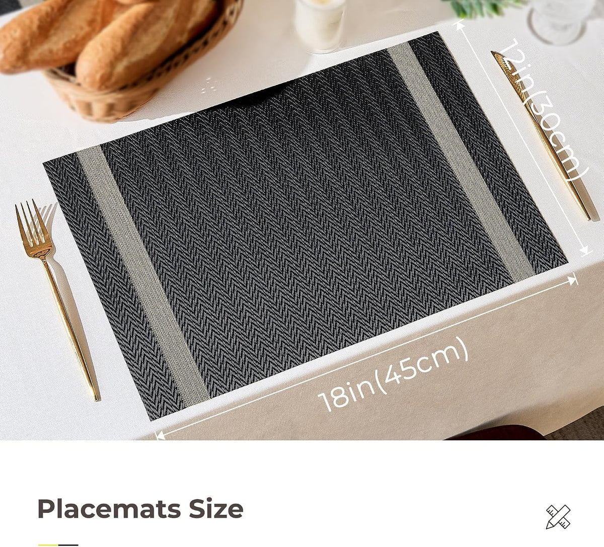 Leetaltree Woven Vinyl Placemats Set of 8,Black Striped | High Density，Stain Resistant, Easy to Clean, Washable Table