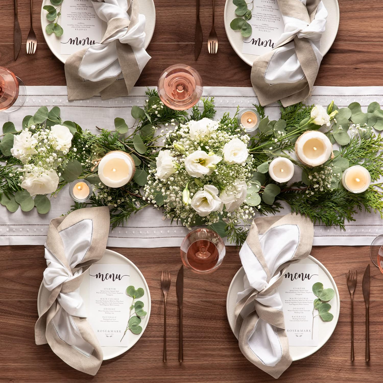 Linen Napkins 20 x 20 inch - 100% Pure Linen White and Natural Dinner Napkins Set of 4 - Hemstitch Napkins Cloth