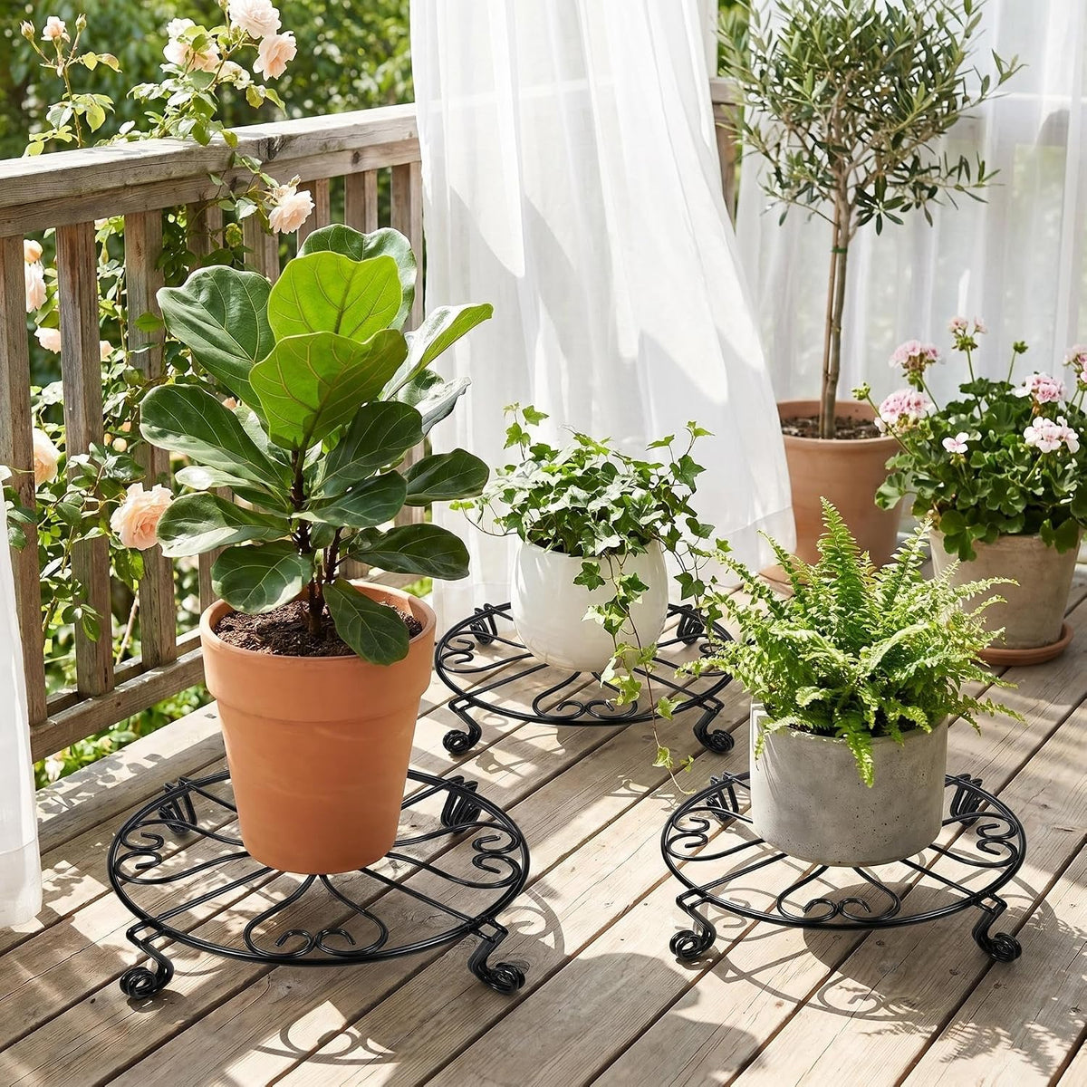 NSYOOMH 2 pack 8" Rustproof Black Metal Plant Stands Heavy Duty Plants Holder Outdoor Indoor, Round Wrought Iron Sturdy