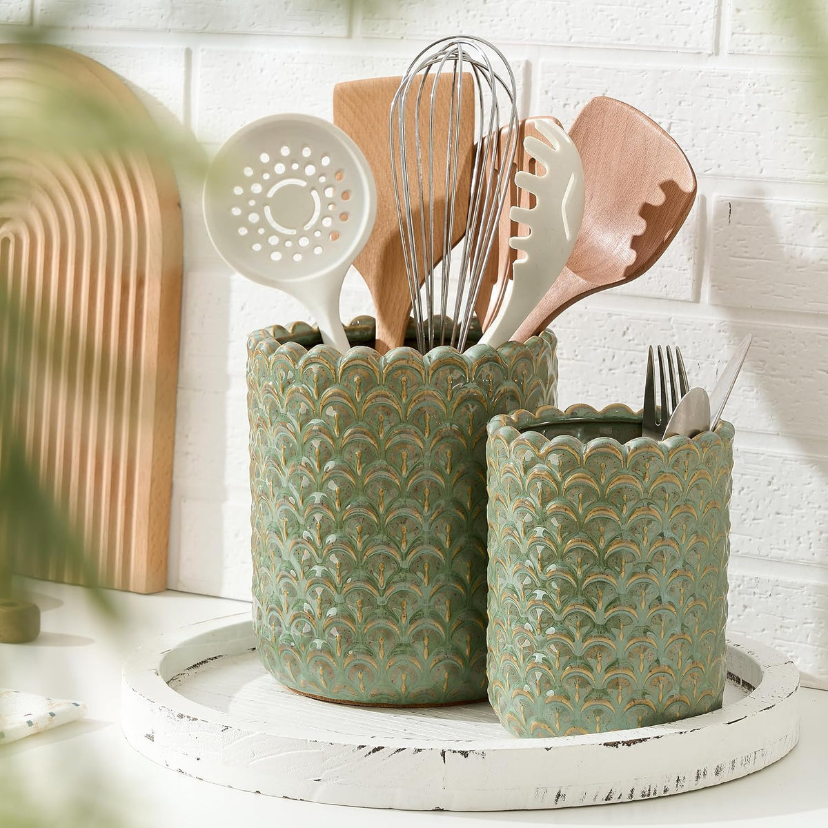 JIEMEI HOME Kitchen Utensil Holder, Large 7.5"+6.2" Petal Ceramic Utensil Crock for Countertop, Utensil Holder with