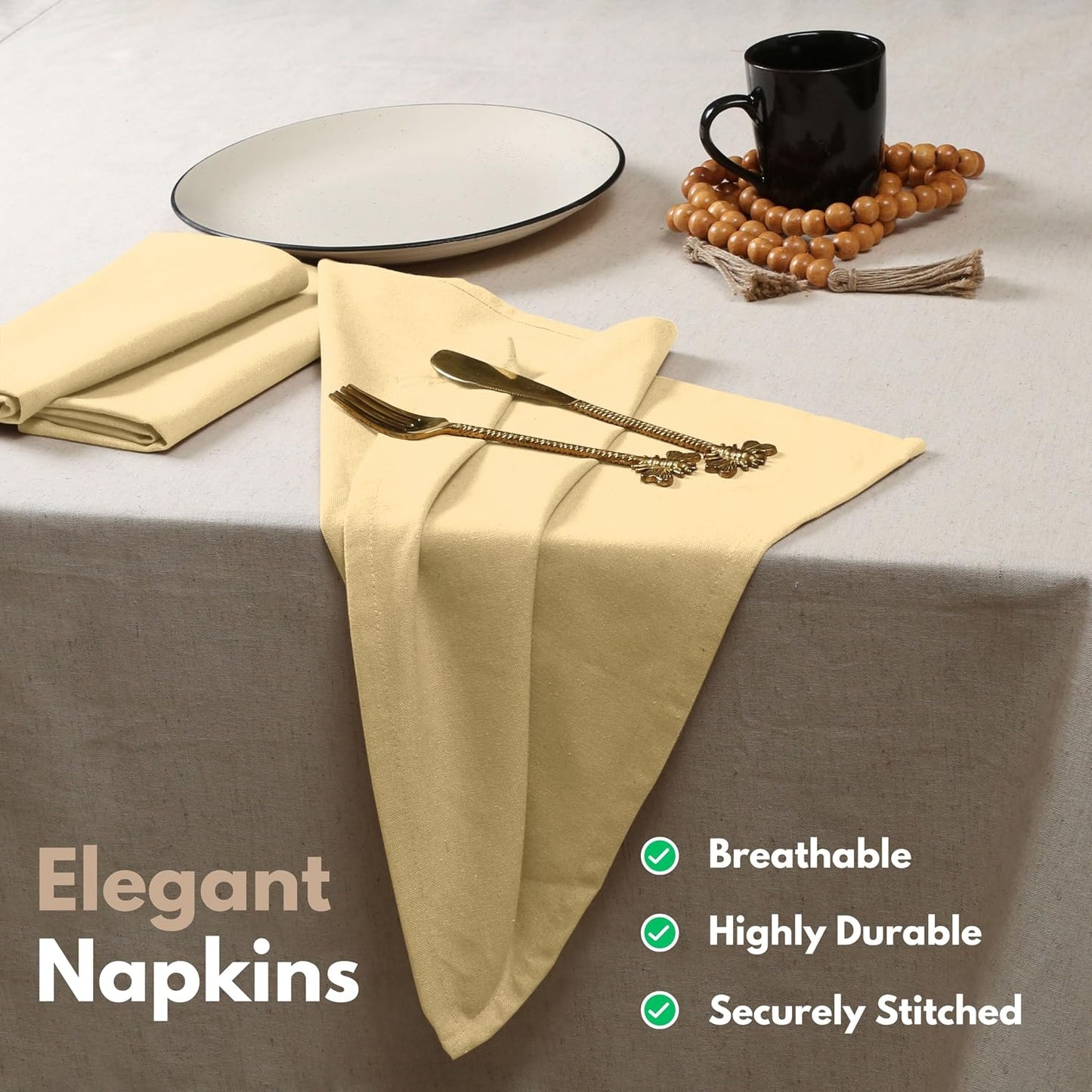Native Fab Pale Yellow Easter Cloth Napkins Set of 12 Bulk - 100% Cotton Spring Dinner Napkin 17 x 17 - Soft