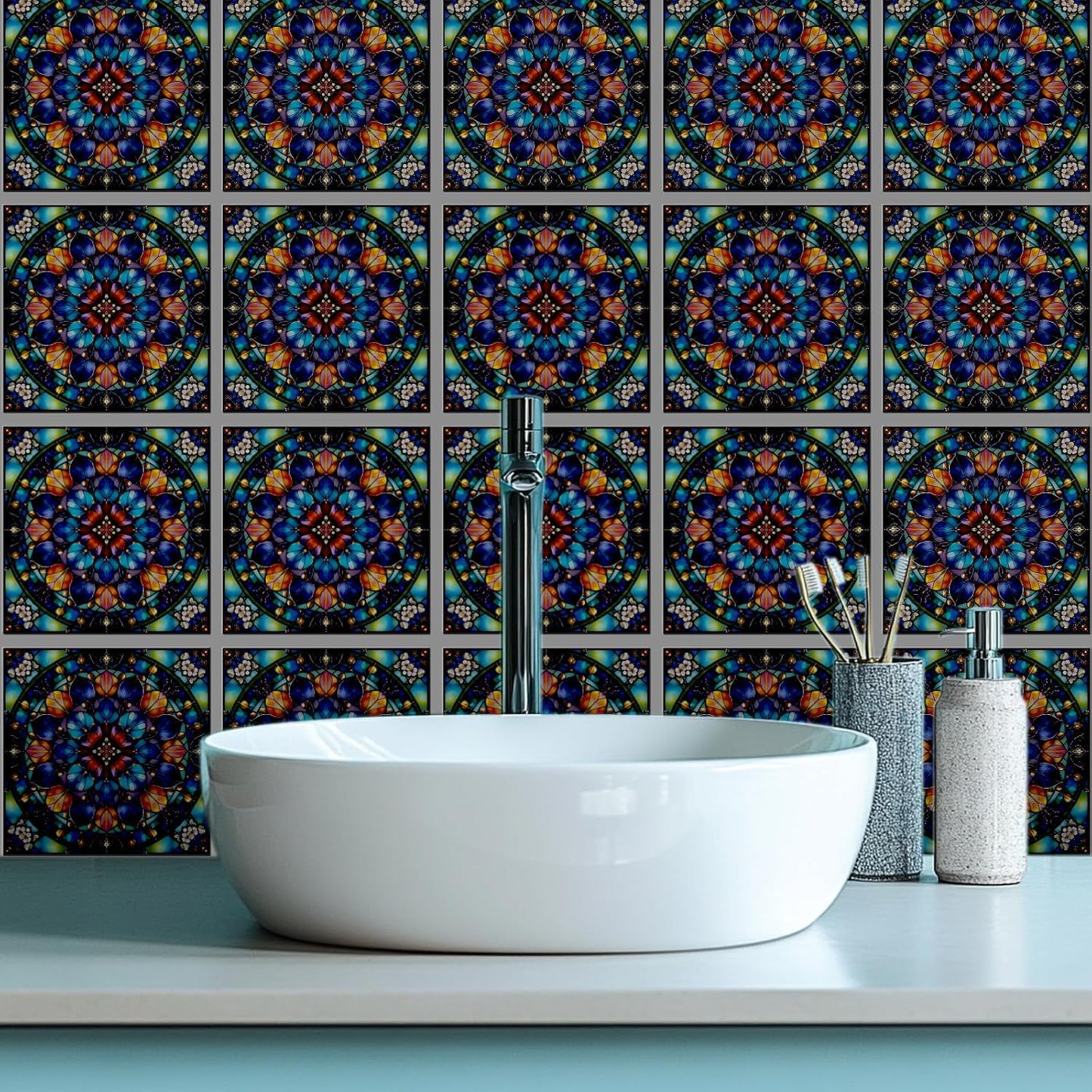 Tile Stickers Stained Peel and Stick Wall Tile Stickers / Stained Colorful Flower / Set of 18