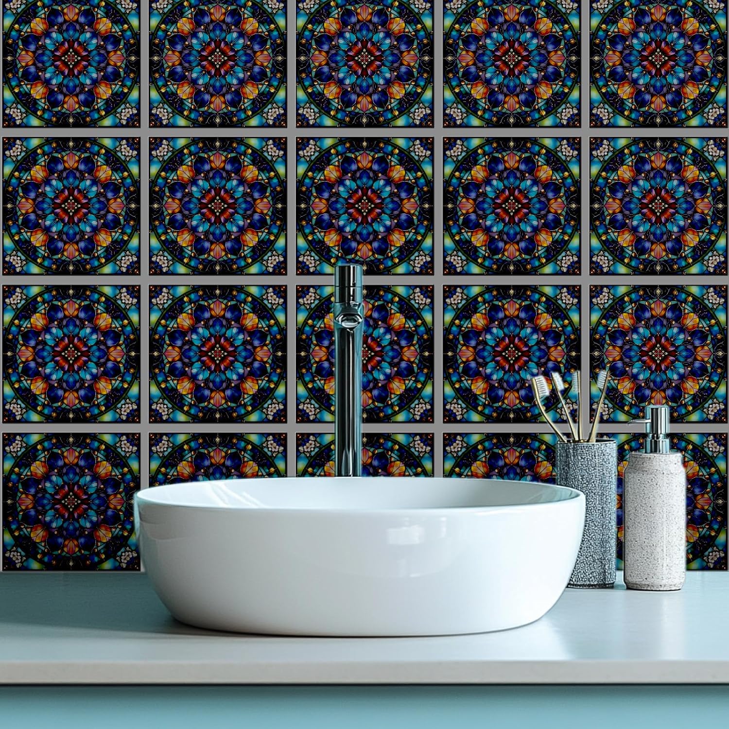 Tile Stickers Stained Peel and Stick Wall Tile Stickers / Stained Colorful Flower / Set of 18