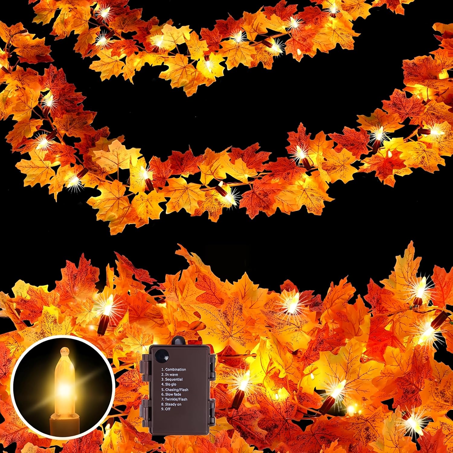 Fall Decorations for Home 9FT Lush Fall Garland with Lights Plug in, 50 Orange Bulbs Fuller and Thicker Fall Leaves